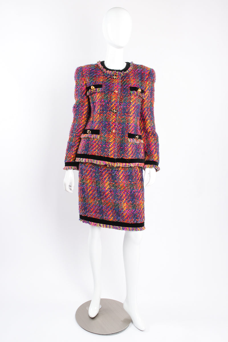 Vintage Escada Rainbow Bouclé Tweed Jacket & Skirt Set on mannequin front at Recess Los Angeles