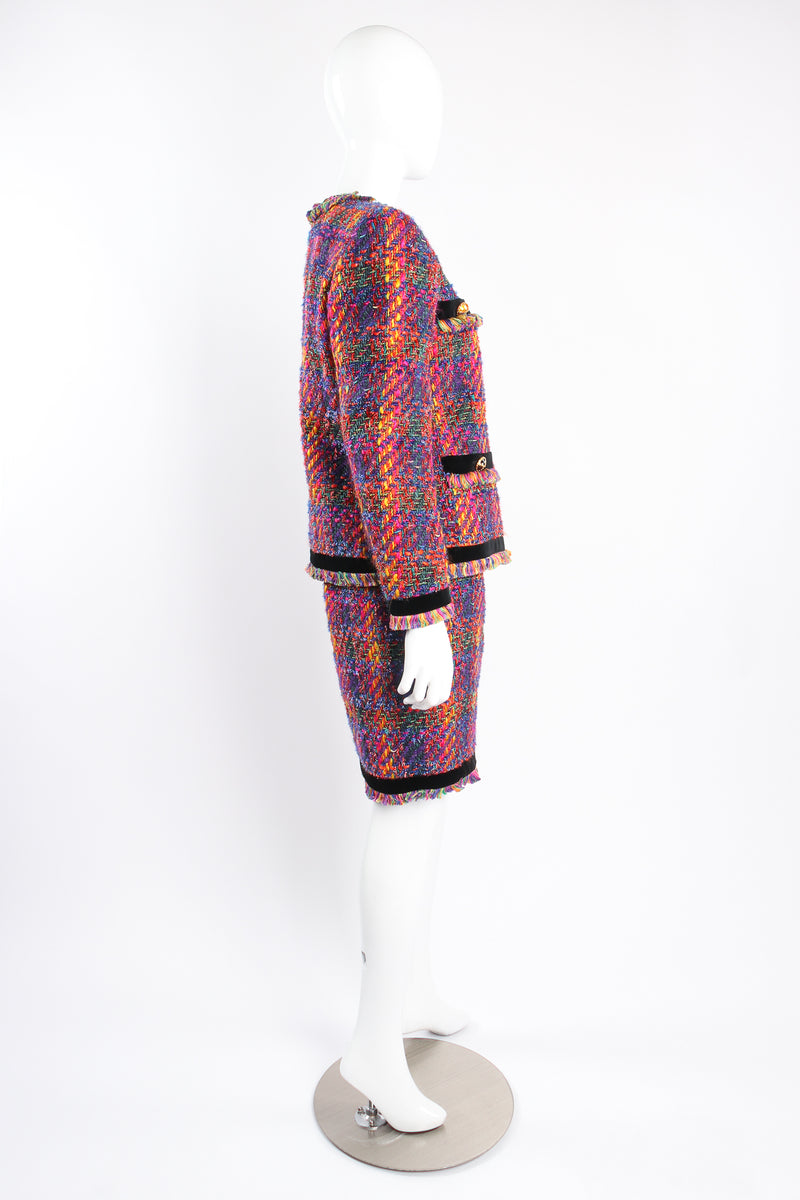 Vintage Escada Rainbow Bouclé Tweed Jacket & Skirt Set on mannequin side at Recess Los Angeles
