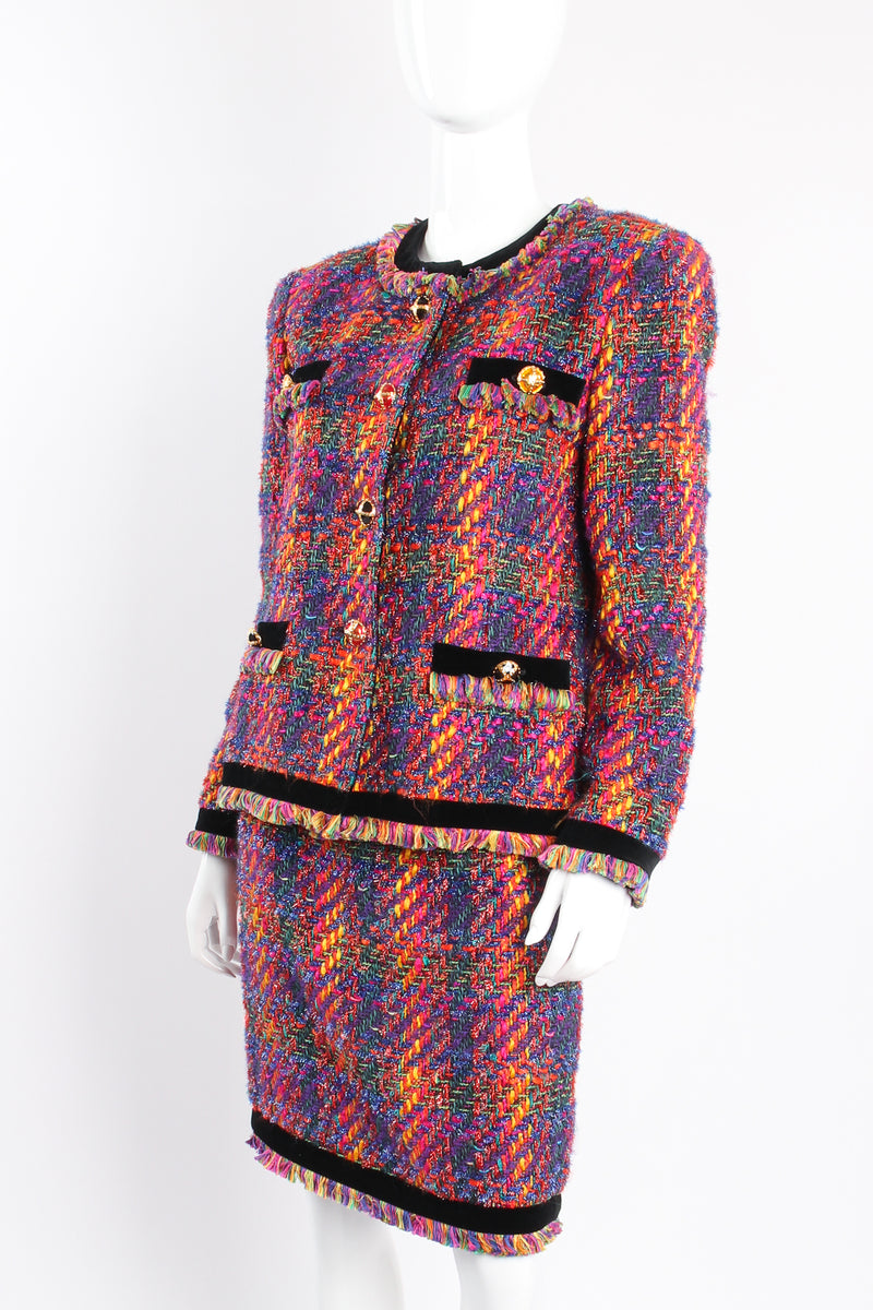 Vintage Escada Hot Rainbow Bouclé Tweed Jacket & Skirt Set on mannequin crop at Recess Los Angeles