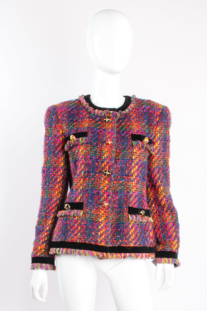 Vintage Escada Rainbow Bouclé Tweed Jacket Set on mannequin front at Recess Los Angeles
