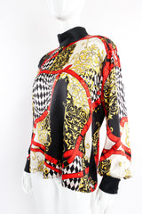 Vintage Escada Baroque Belt Print Mock Neck Blouse on mannequin angle at Recess Los Angeles