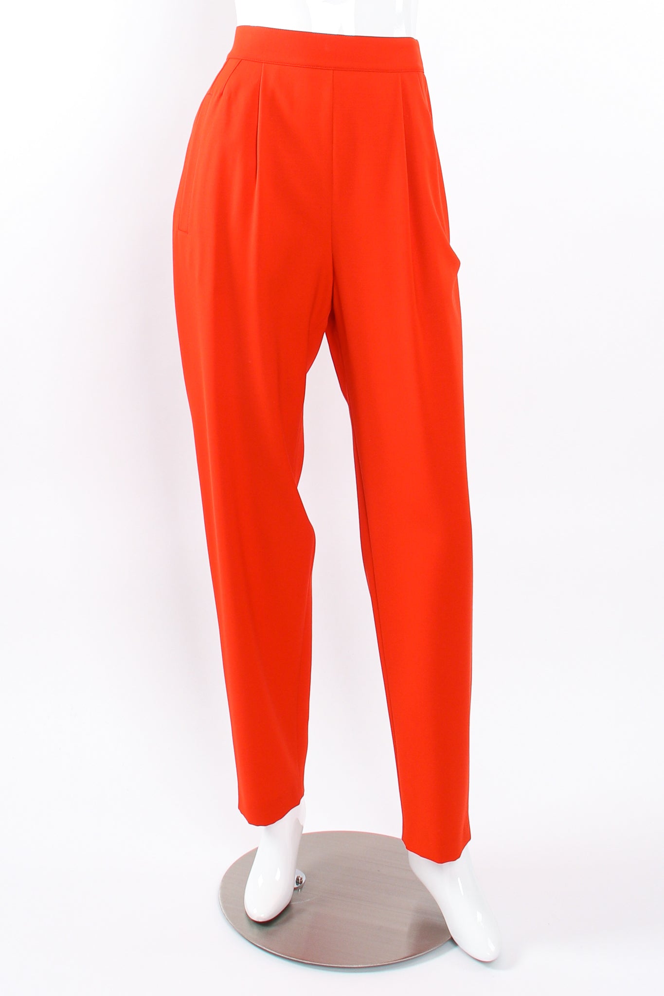 Vintage Escada Red Pleated Back Button Pant on Mannequin front at Recess Los Angeles