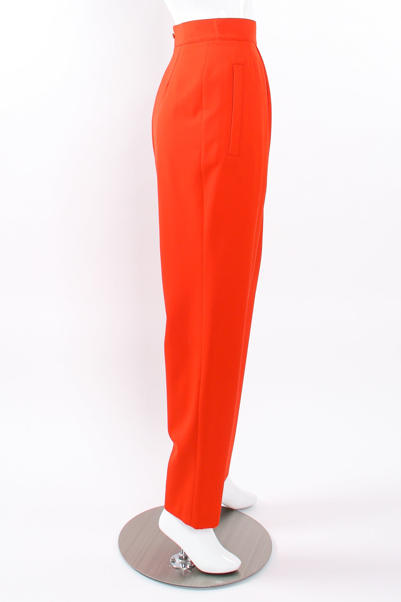 Vintage Escada Red Pleated Back Button Pant on Mannequin side at Recess Los Angeles