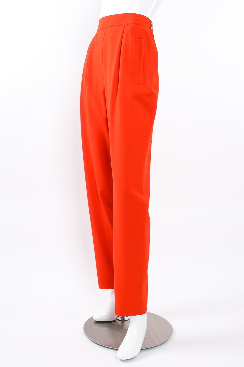 Vintage Escada Red Pleated Back Button Pant on Mannequin front angle at Recess Los Angeles