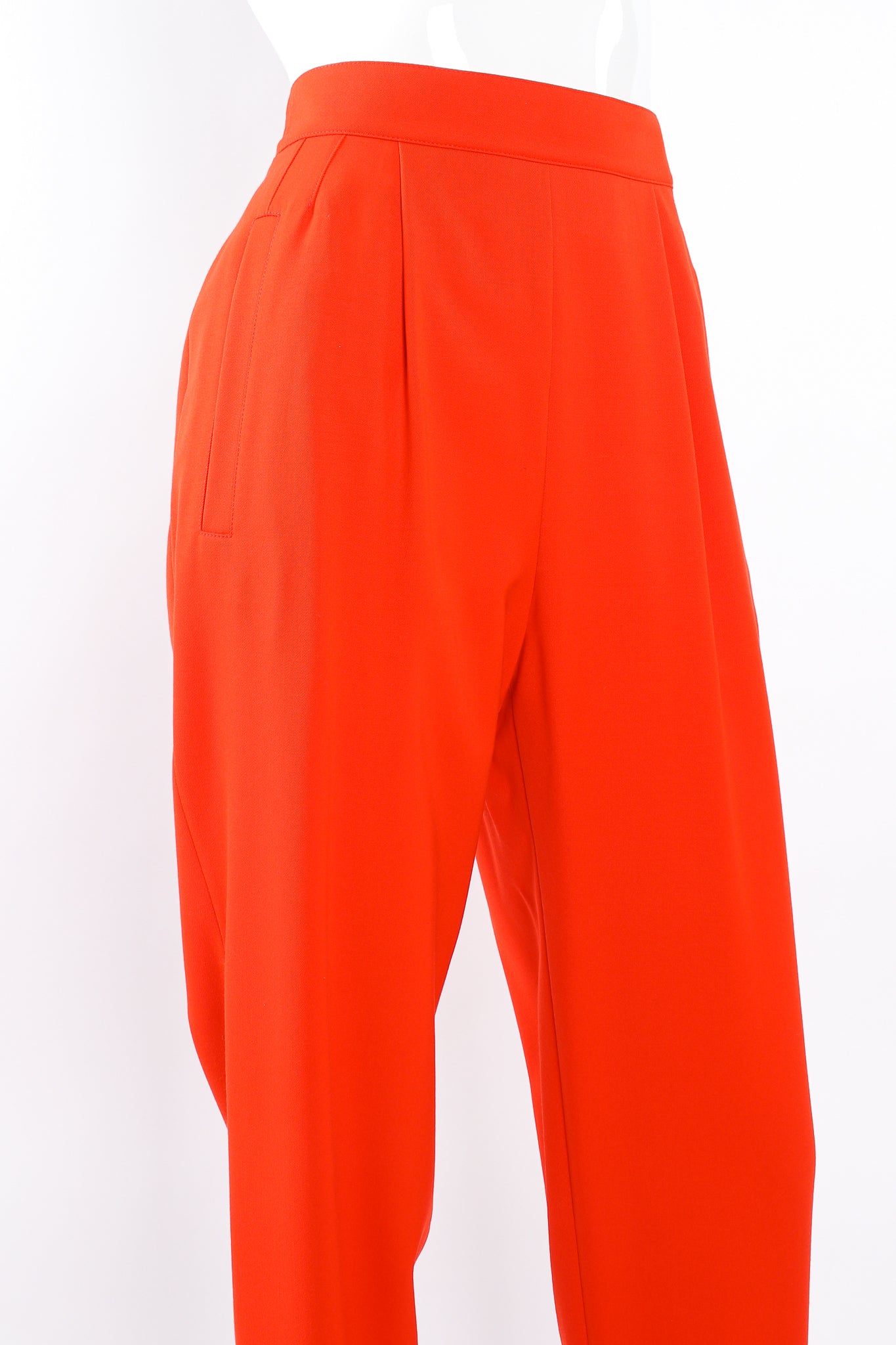 Vintage Escada Red Pleated Back Button Pant on Mannequin angle crop at Recess Los Angeles