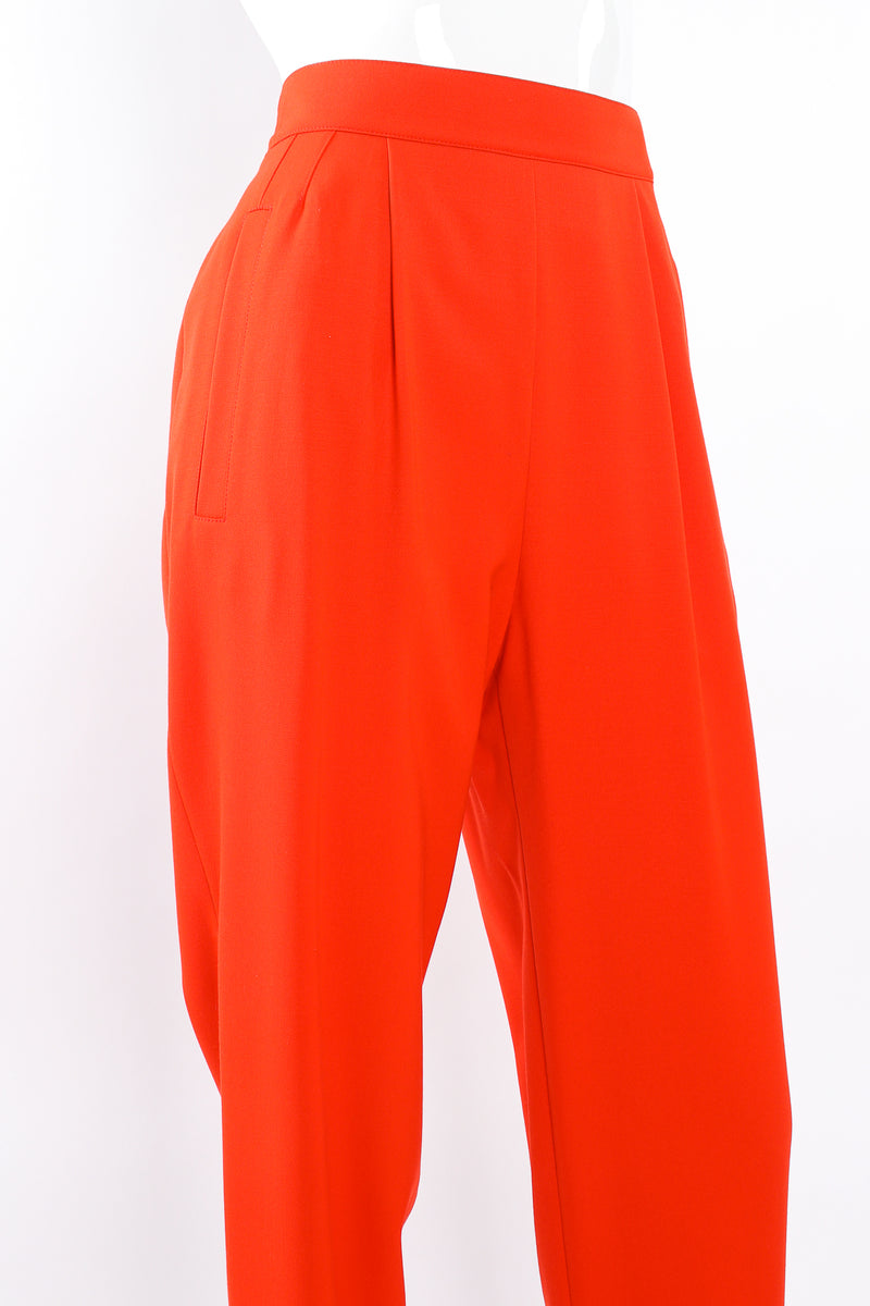 Vintage Escada Red Pleated Back Button Pant on Mannequin angle crop at Recess Los Angeles