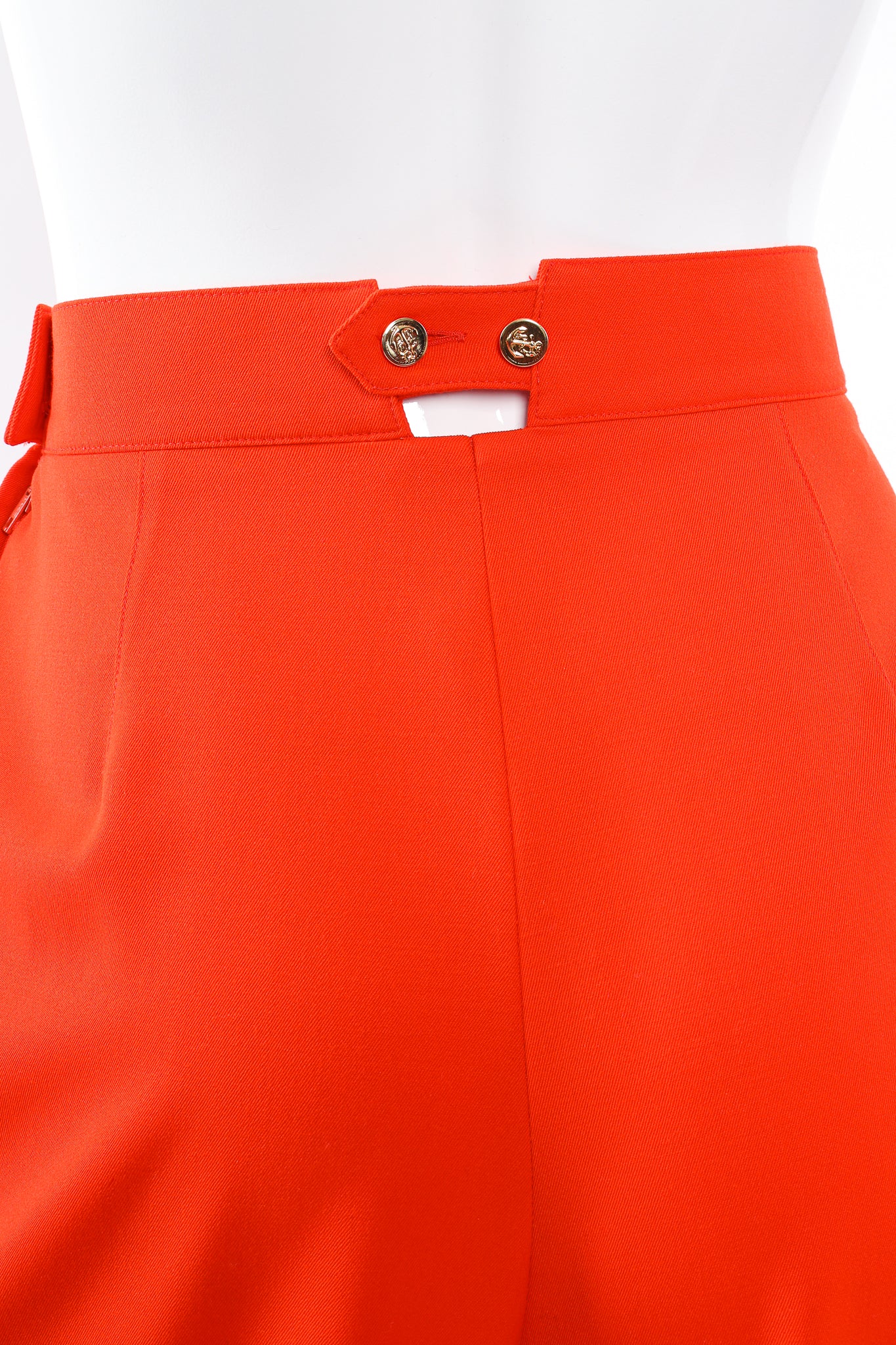 Vintage Escada Red Pleated Back Button Pant on Mannequin button detail at Recess Los Angeles