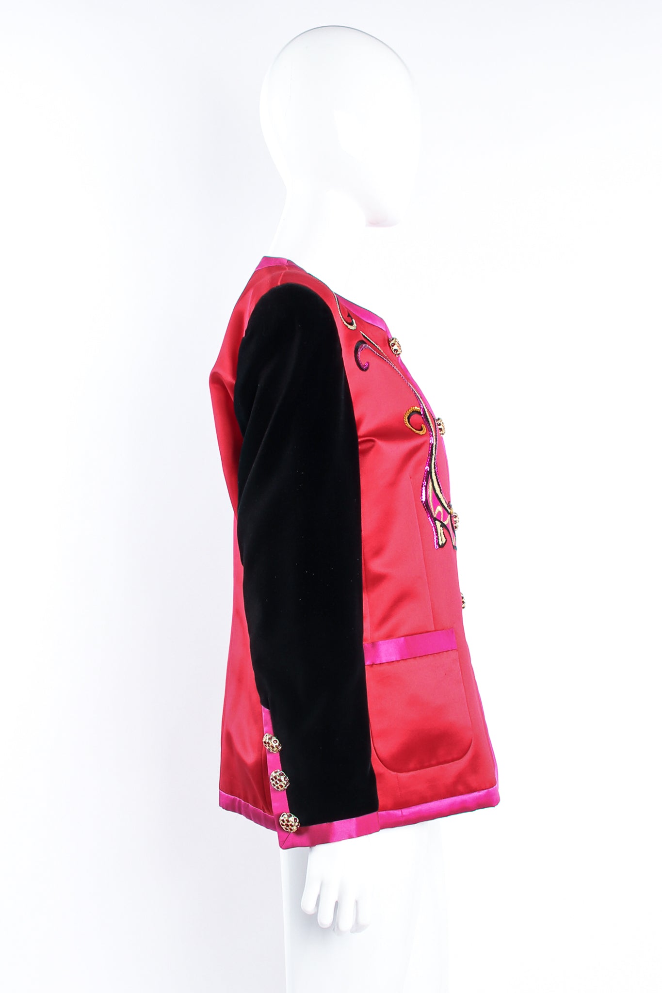 Vintage Escada Satin Shoe Embellished Collarless Jacket on Mannequin side at Recess Los Angeles