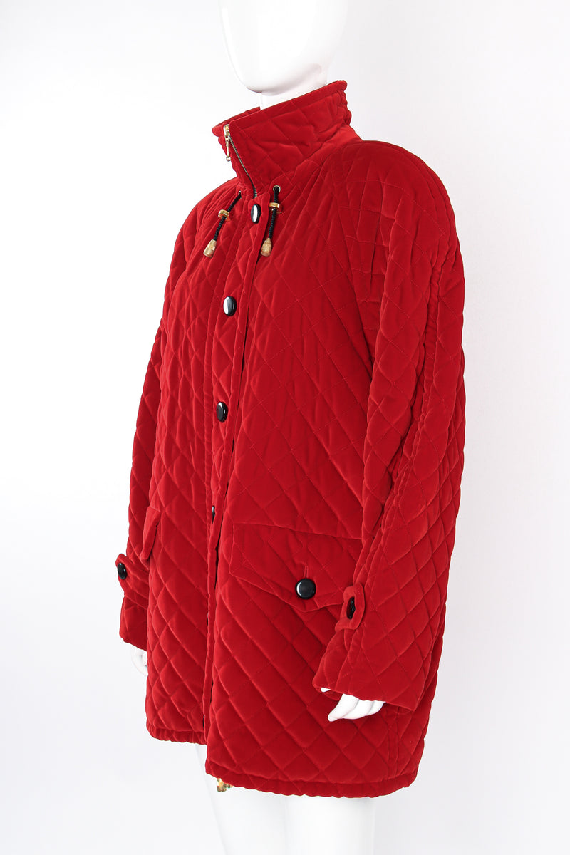 Vintage Escada Carmine Quilted Velvet Parka on Mannequin angle at Recess Los Angeles