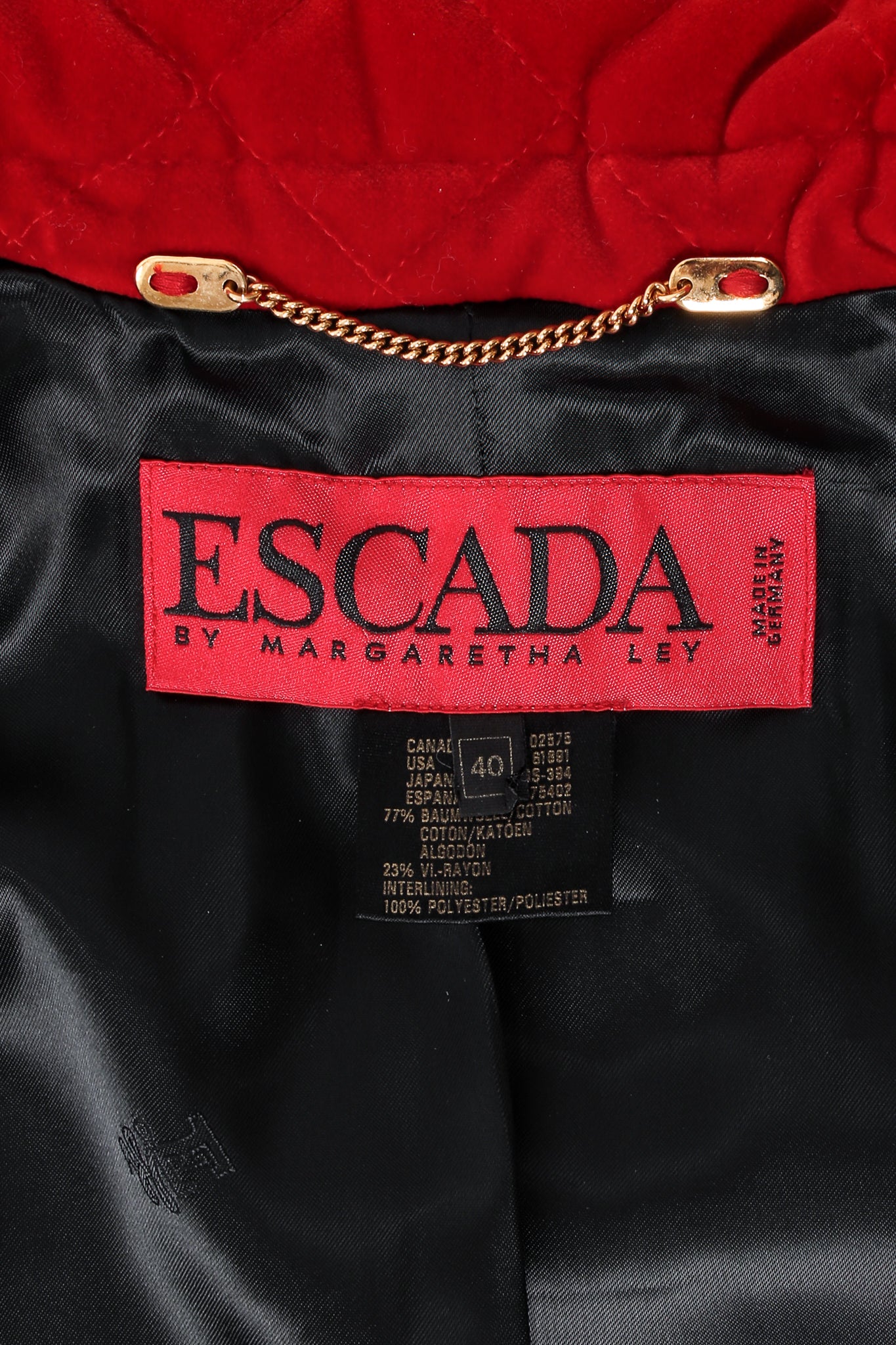 Vintage Escada Carmine Quilted Velvet Parka label at Recess Los Angeles