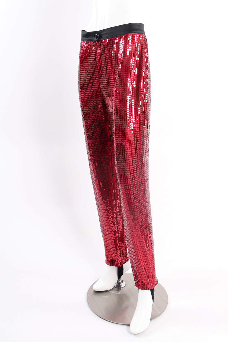 Vintage Escada Cranberry Sequin Stirrup Pant on Mannequin angle at Recess Los Angeles