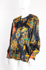 Vintage Escada Baroque Leo Flag & Drum Print Silk Blouse on mannequin crop at Recess Los Angeles