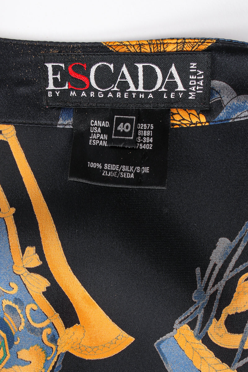 Vintage Escada Baroque Leo Flag & Drum Print Silk Blouse label at Recess Los Angeles