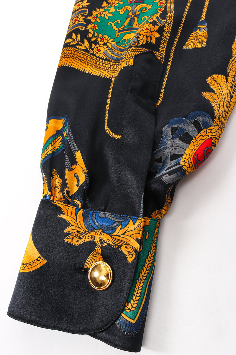 Vintage Escada Baroque Leo Flag & Drum Print Silk Blouse sleeve cuff at Recess Los Angeles