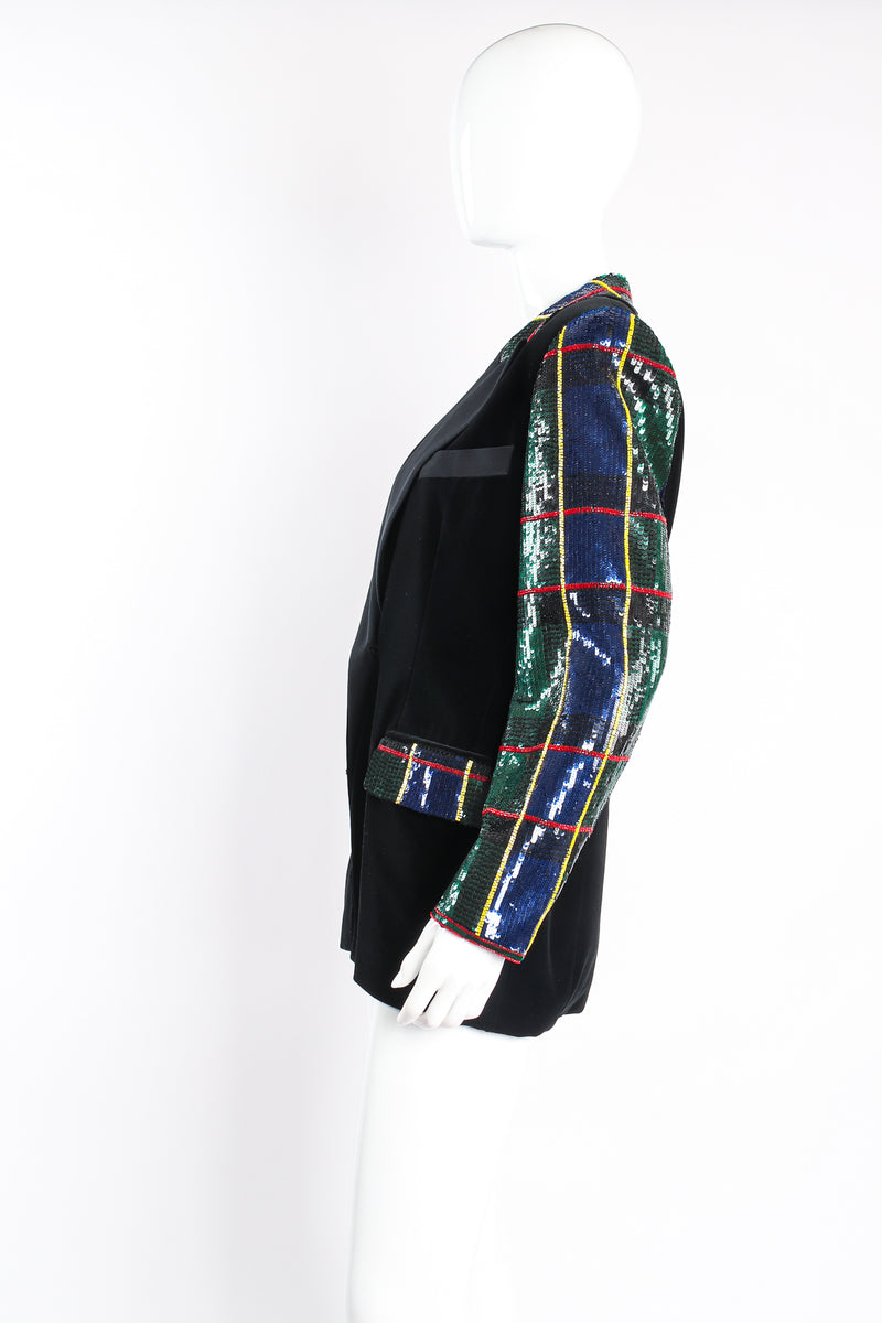 Vintage Escada Couture Plaid Sequined Tux Jacket Set on mannequin side at Recess LA