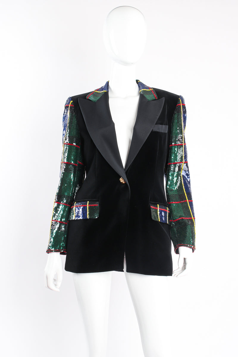 Vintage Escada Couture Plaid Sequined Tux Jacket Set on mannequin front at Recess LA