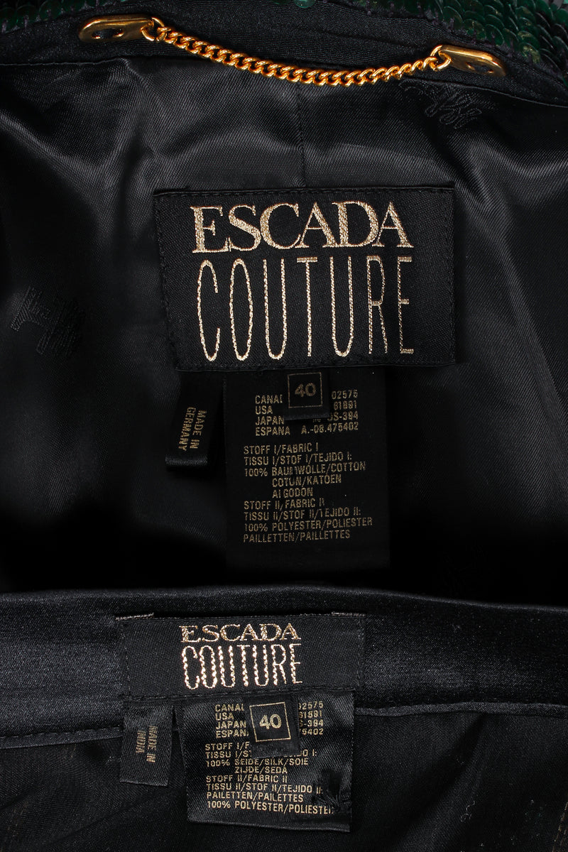 Vintage Escada Couture Plaid Sequined Tux Skirt Set on mannequin labels at Recess LA