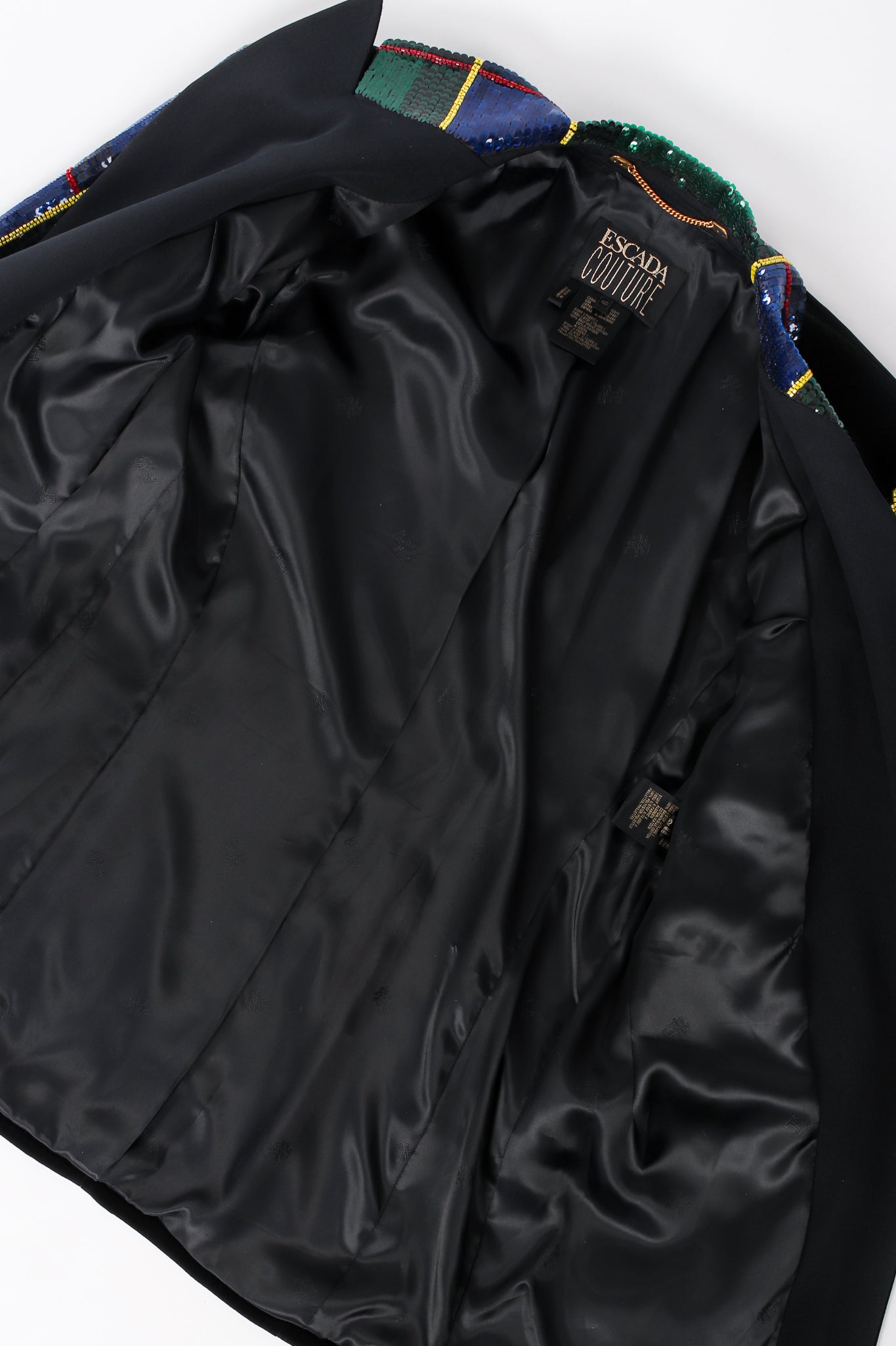 Vintage Escada Couture Plaid Sequined Tux Jacket Set lining at Recess LA