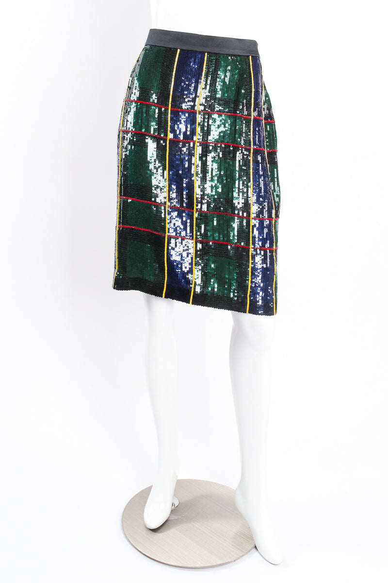 Vintage Escada Couture Plaid Sequined Tux Skirt Set on mannequin front at Recess LA