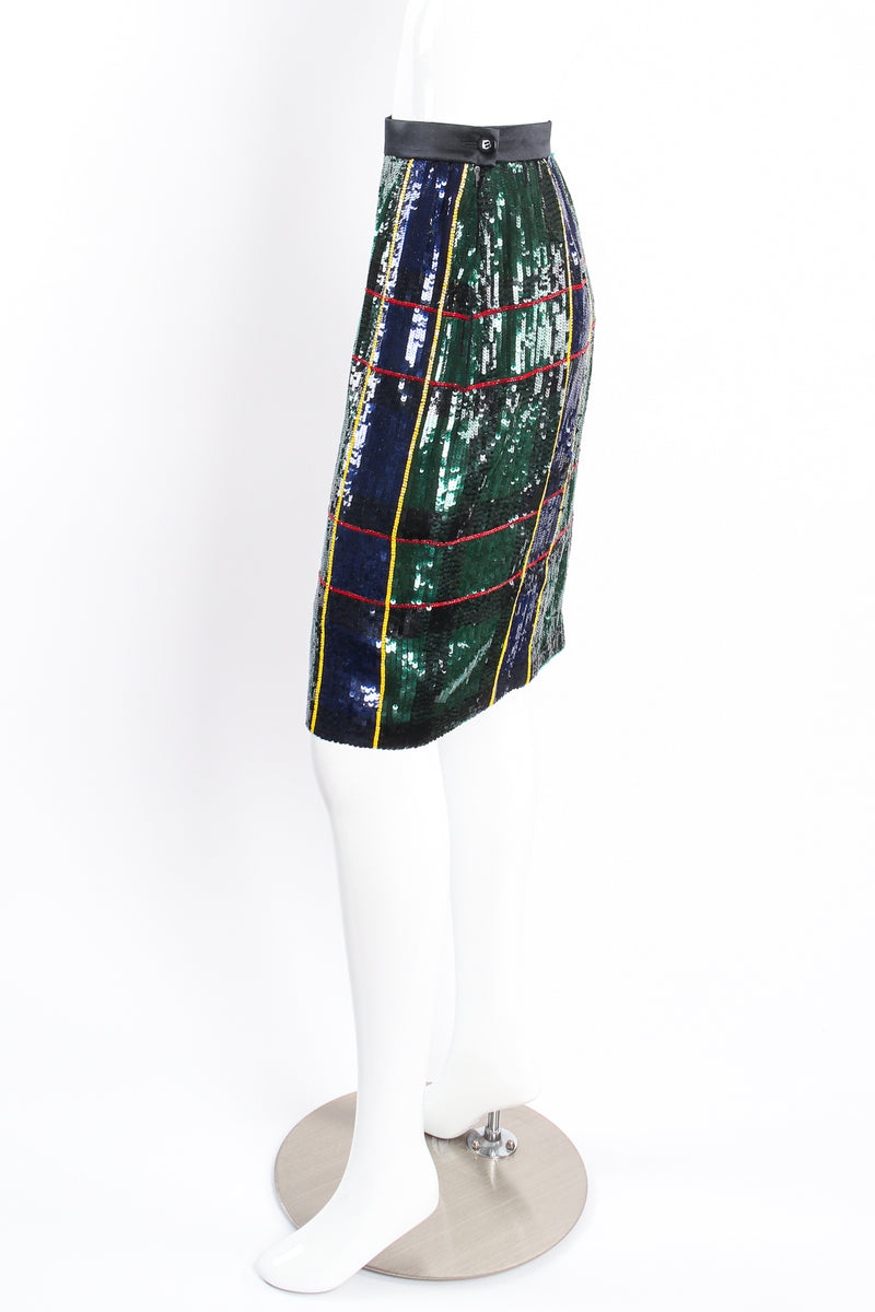 Vintage Escada Couture Plaid Sequined Tux Skirt Set on mannequin side at Recess LA