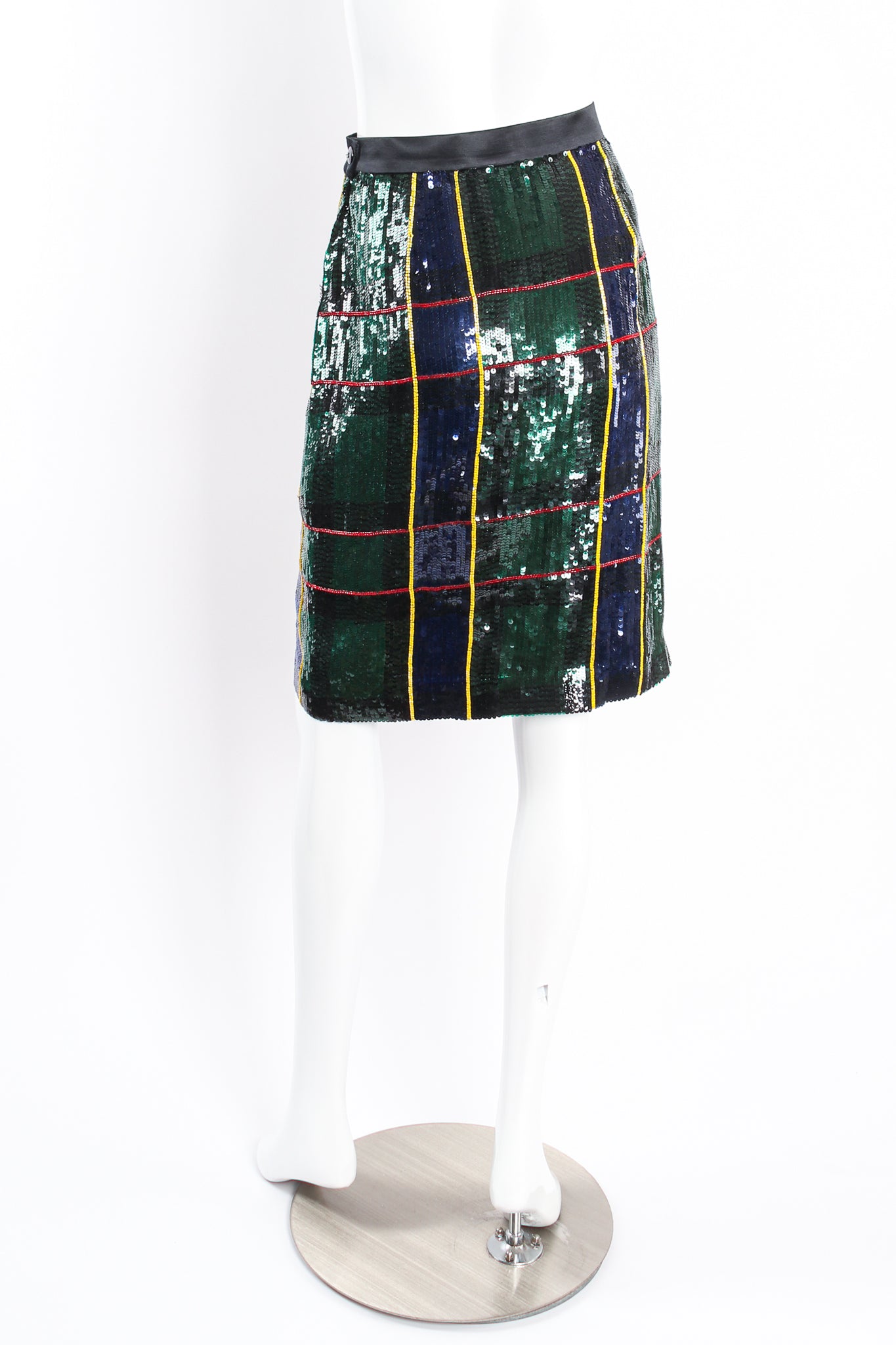 Vintage Escada Couture Plaid Sequined Tux Skirt Set on mannequin back at Recess LA