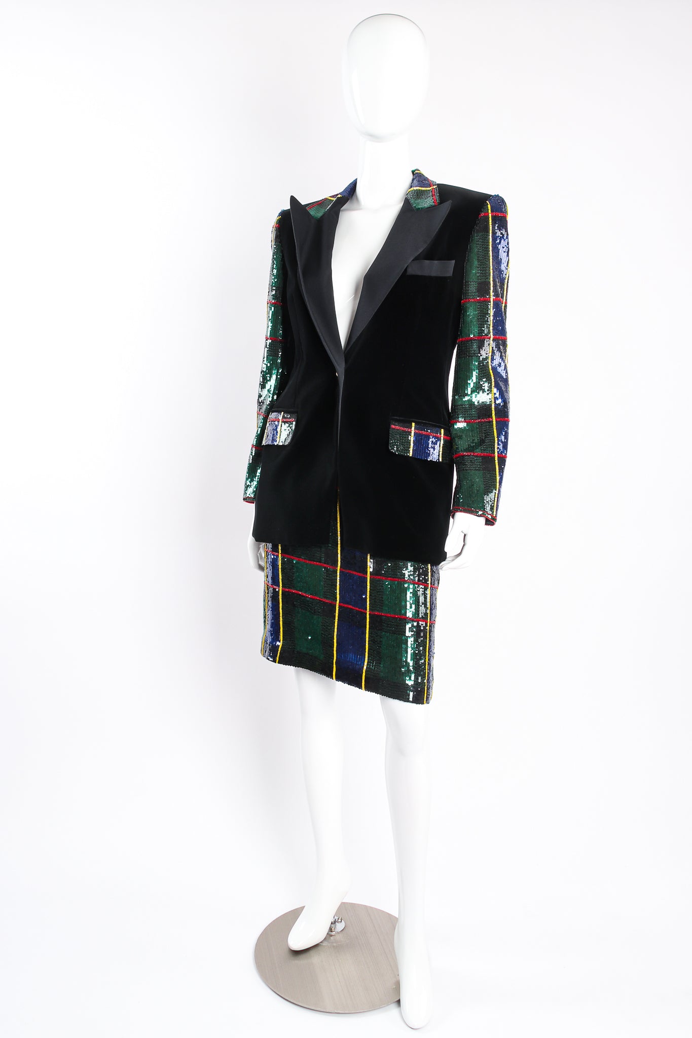 Vintage Escada Couture Plaid Sequined Tux Jacket & Skirt Set on mannequin angle at Recess LA