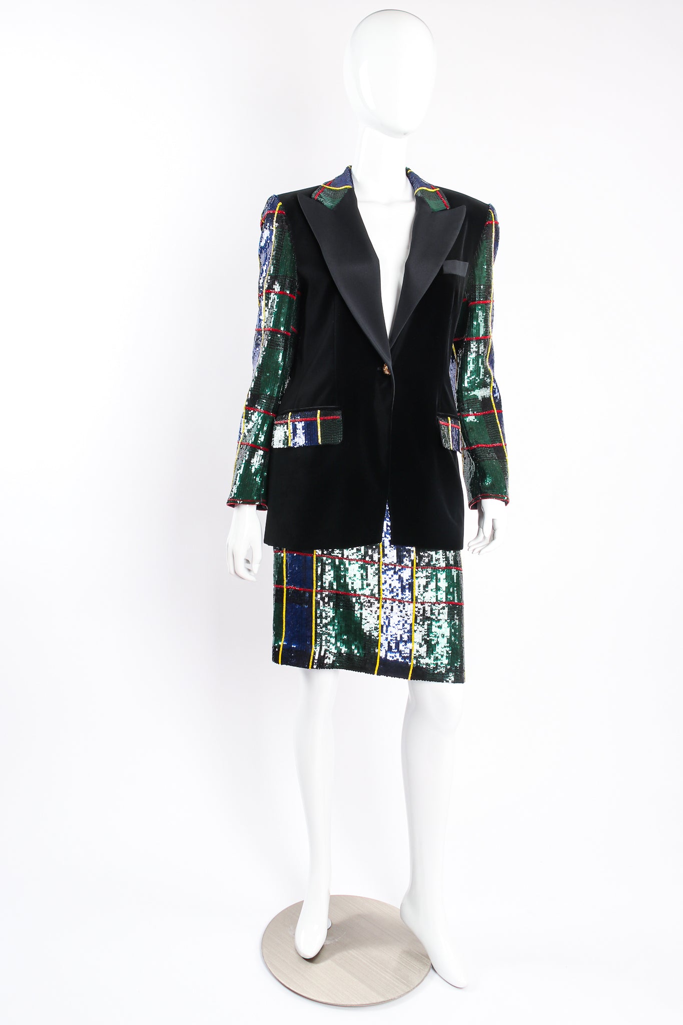Vintage Escada Couture Plaid Sequined Tux Jacket & Skirt Set on mannequin front at Recess LA