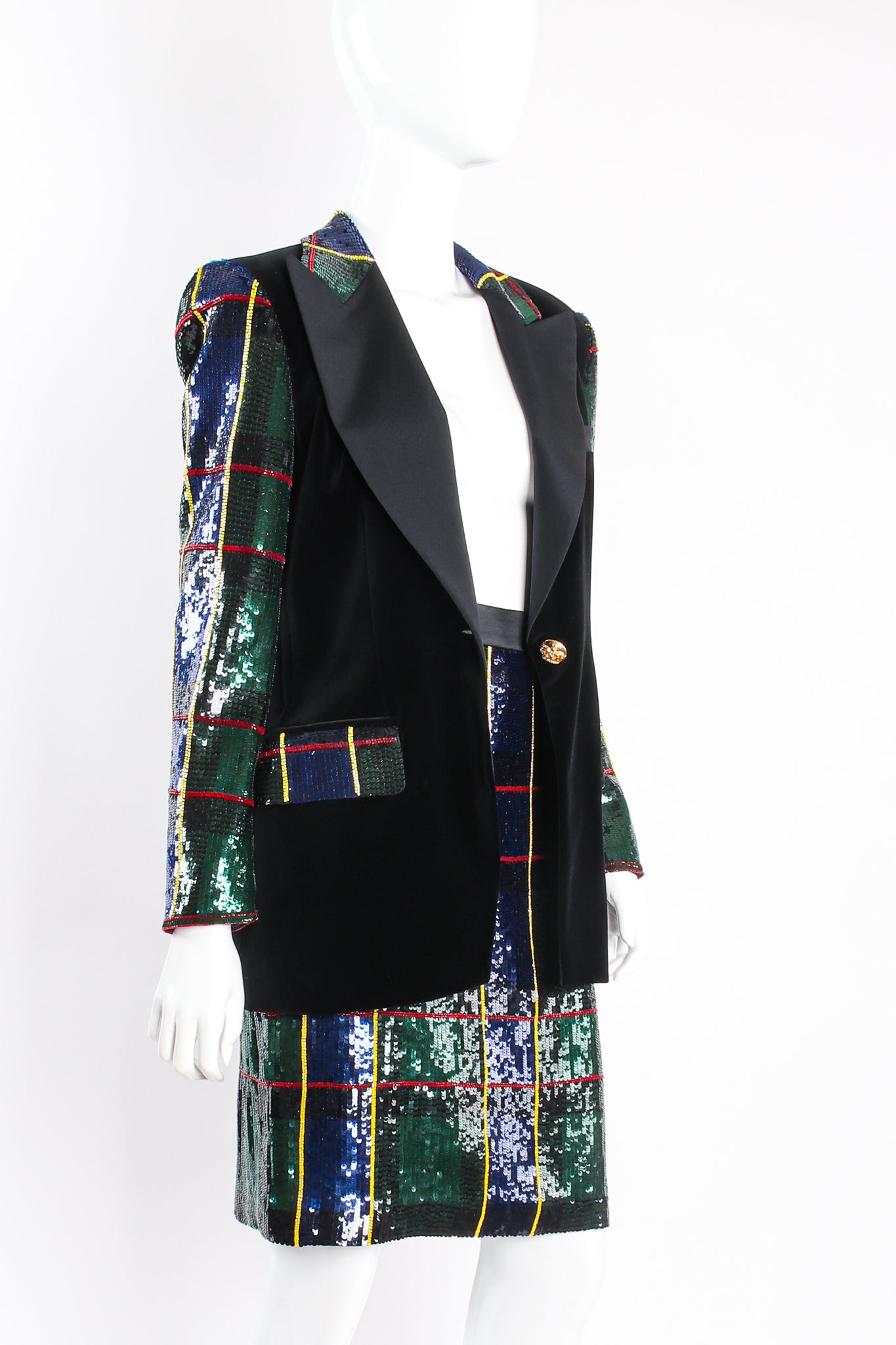 Vintage Escada Couture Plaid Sequined Tux Jacket & Skirt Set on mannequin open at Recess LA