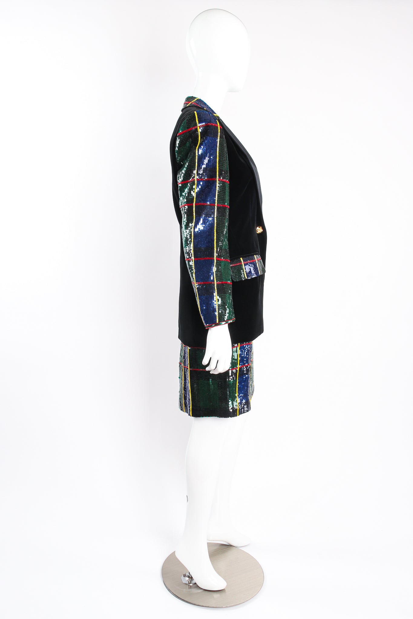 Vintage Escada Couture Plaid Sequined Tux Jacket & Skirt Set on mannequin side at Recess LA
