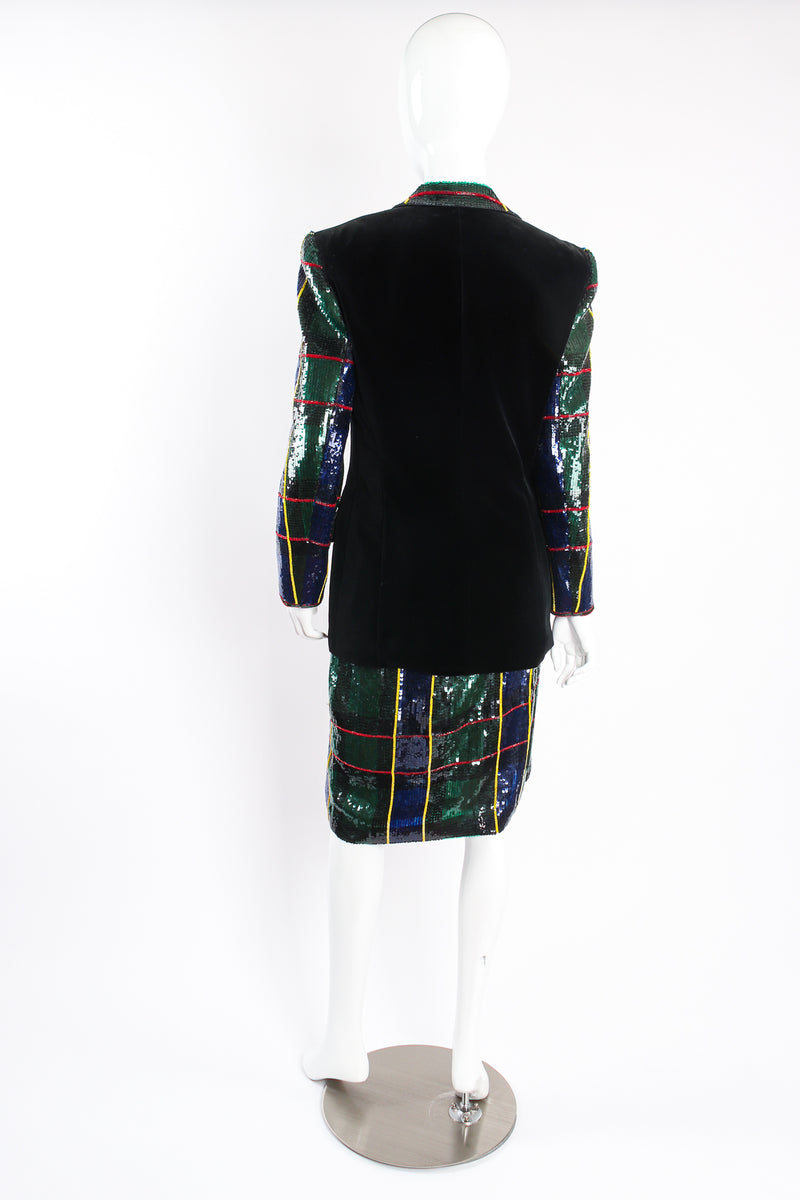 Vintage Escada Couture Plaid Sequined Tux Jacket & Skirt Set on mannequin back at Recess LA