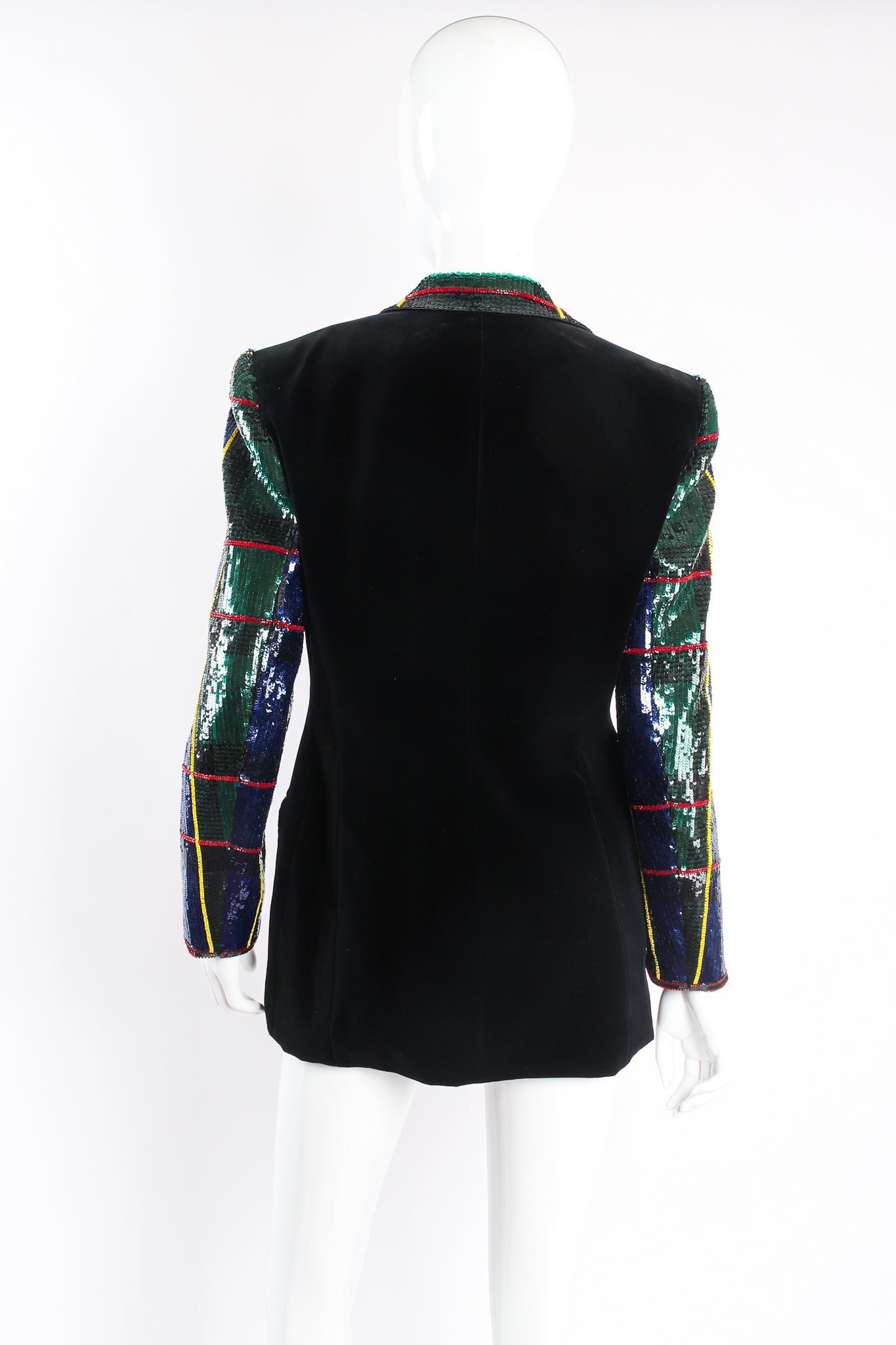 Vintage Escada Couture Plaid Sequined Tux Jacket Set on mannequin back at Recess LA