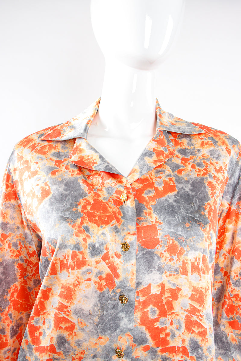 Vintage Escada Marble Splatter Print Silk Shirt on Mannequin collar at Recess Los Angeles