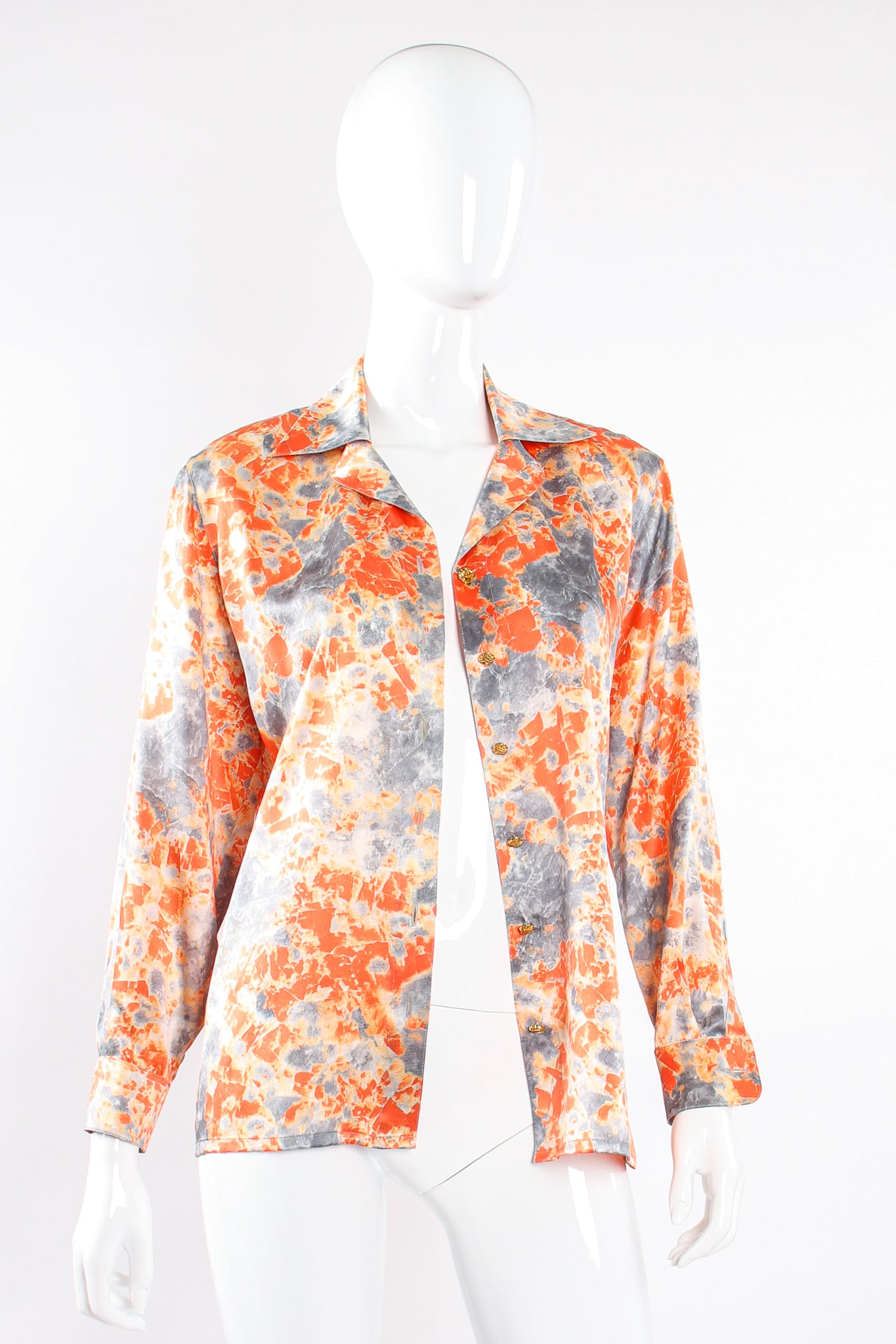 Vintage Escada Marble Splatter Print Silk Shirt on Mannequin open at Recess Los Angeles