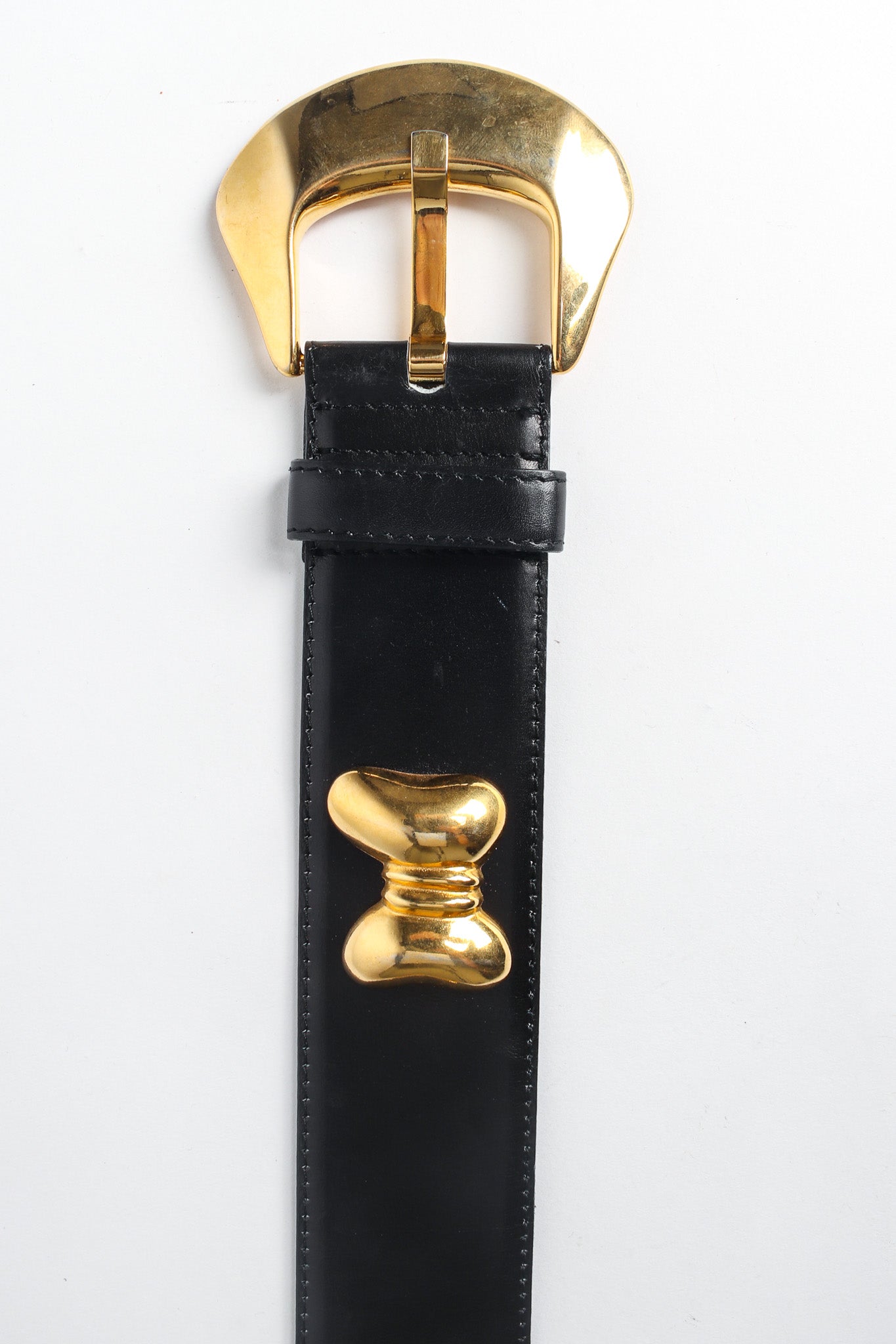 Wide black leather belt with gold bow studs by Escada buckle front @recessla