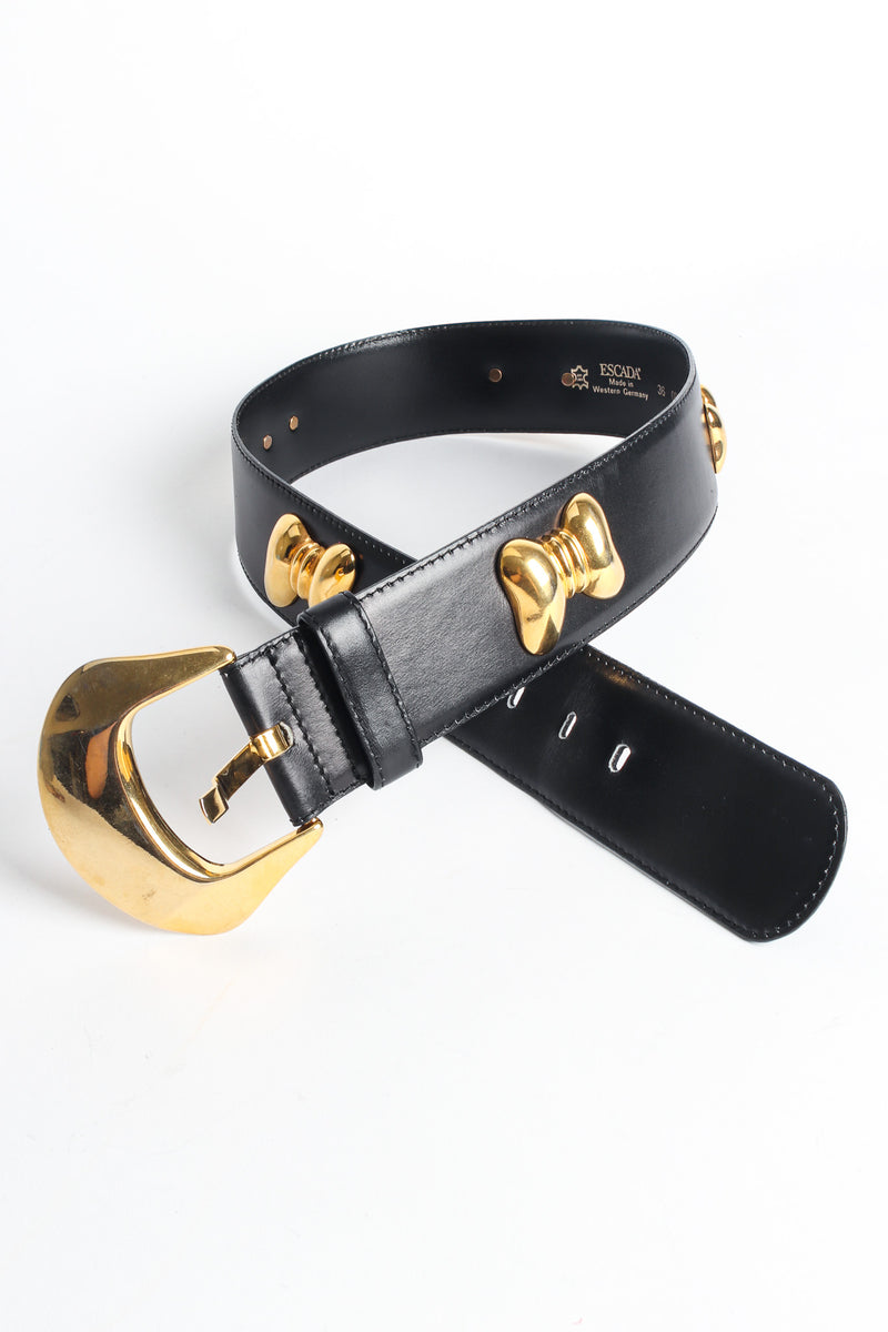 Wide black leather belt with gold bow studs by Escada flat lay loop @recessla
