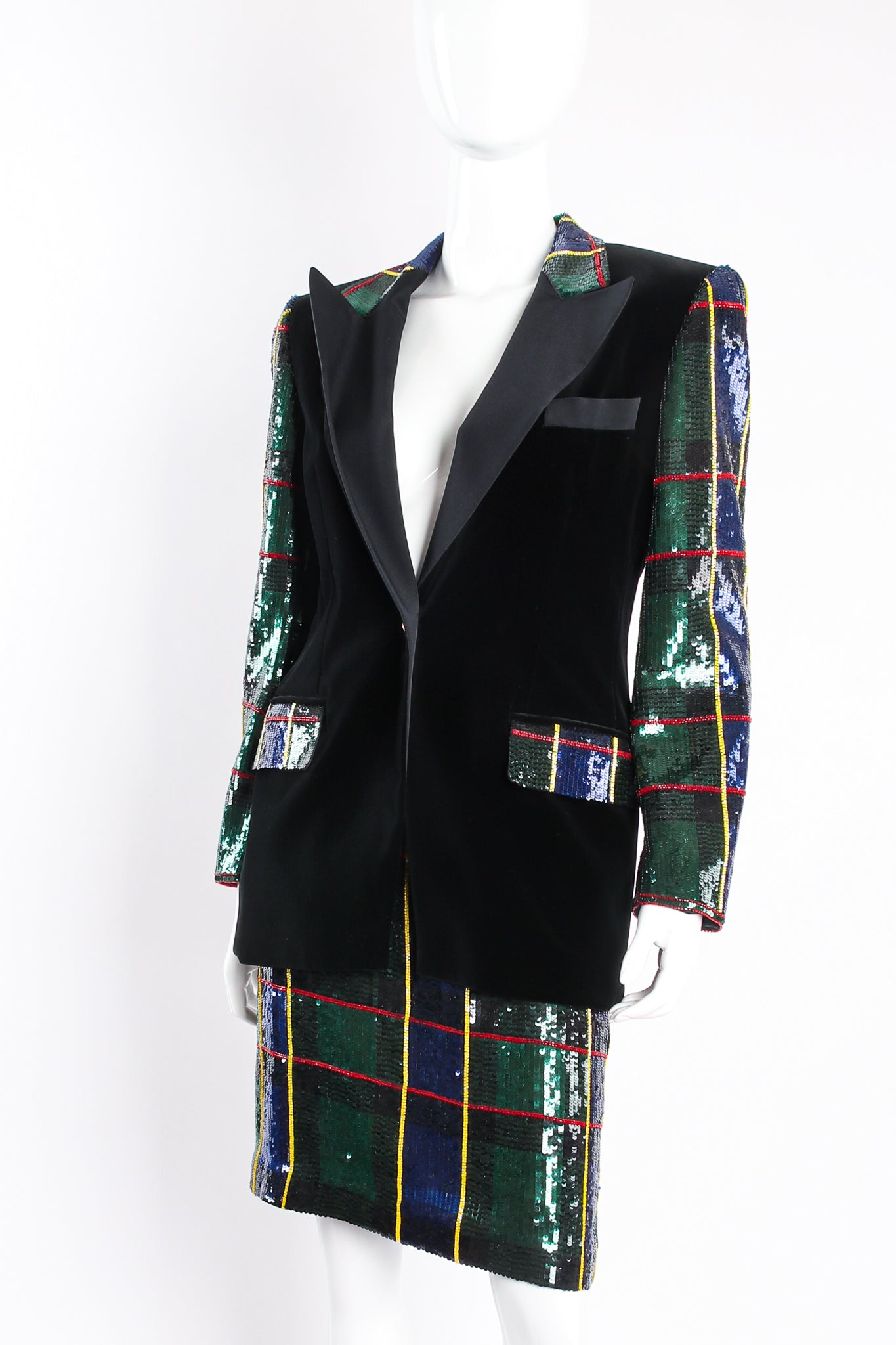 Vintage Escada Couture Plaid Sequined Tux Jacket & Skirt Set on mannequin crop at Recess LA