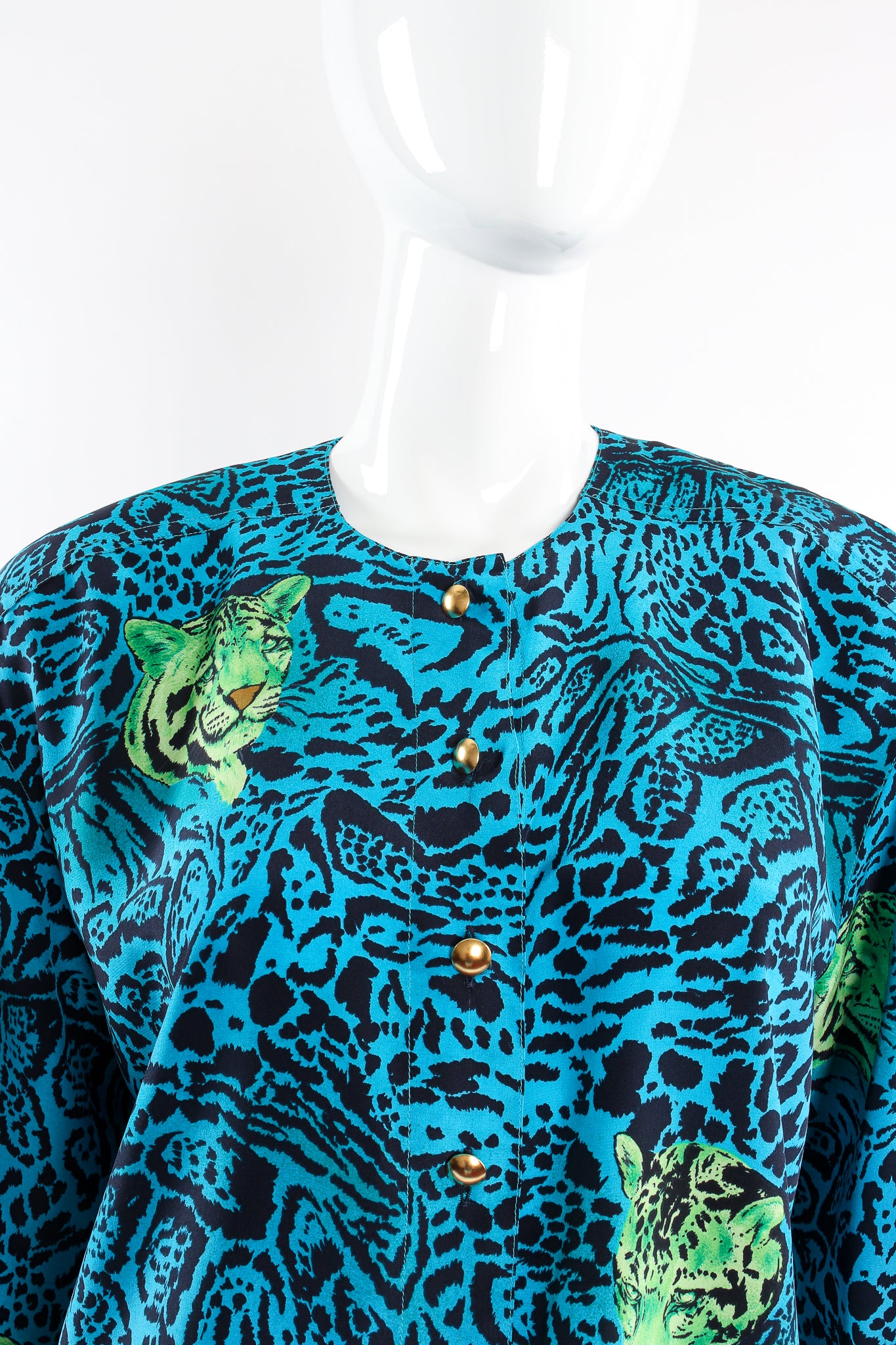 Vintage Escada Animal Print Tiger Shirt on Mannequin neck at Recess Los Angeles