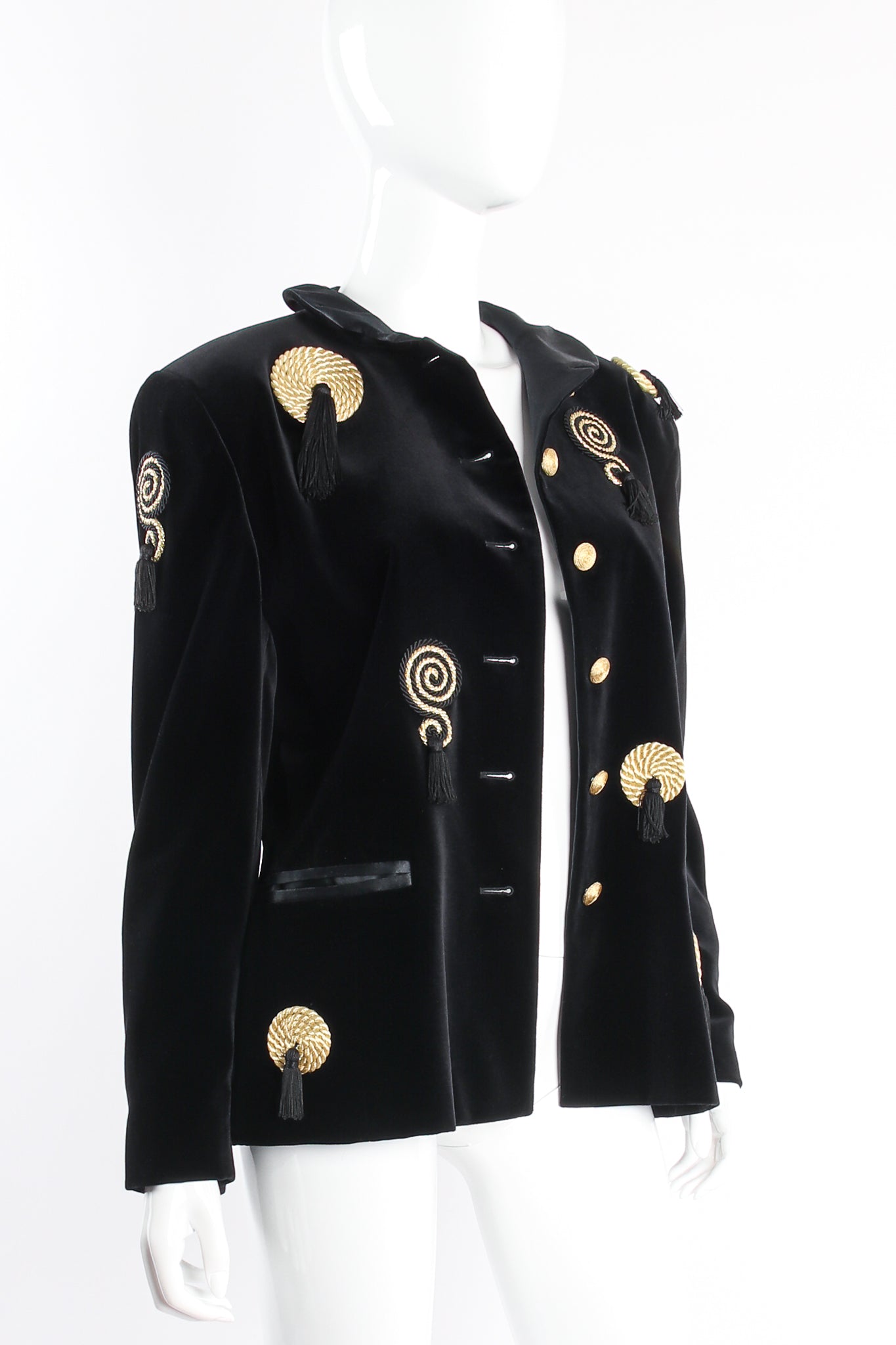 Vintage Escada Velvet Braid Tassel Jacket on Mannequin open at Recess Los Angeles