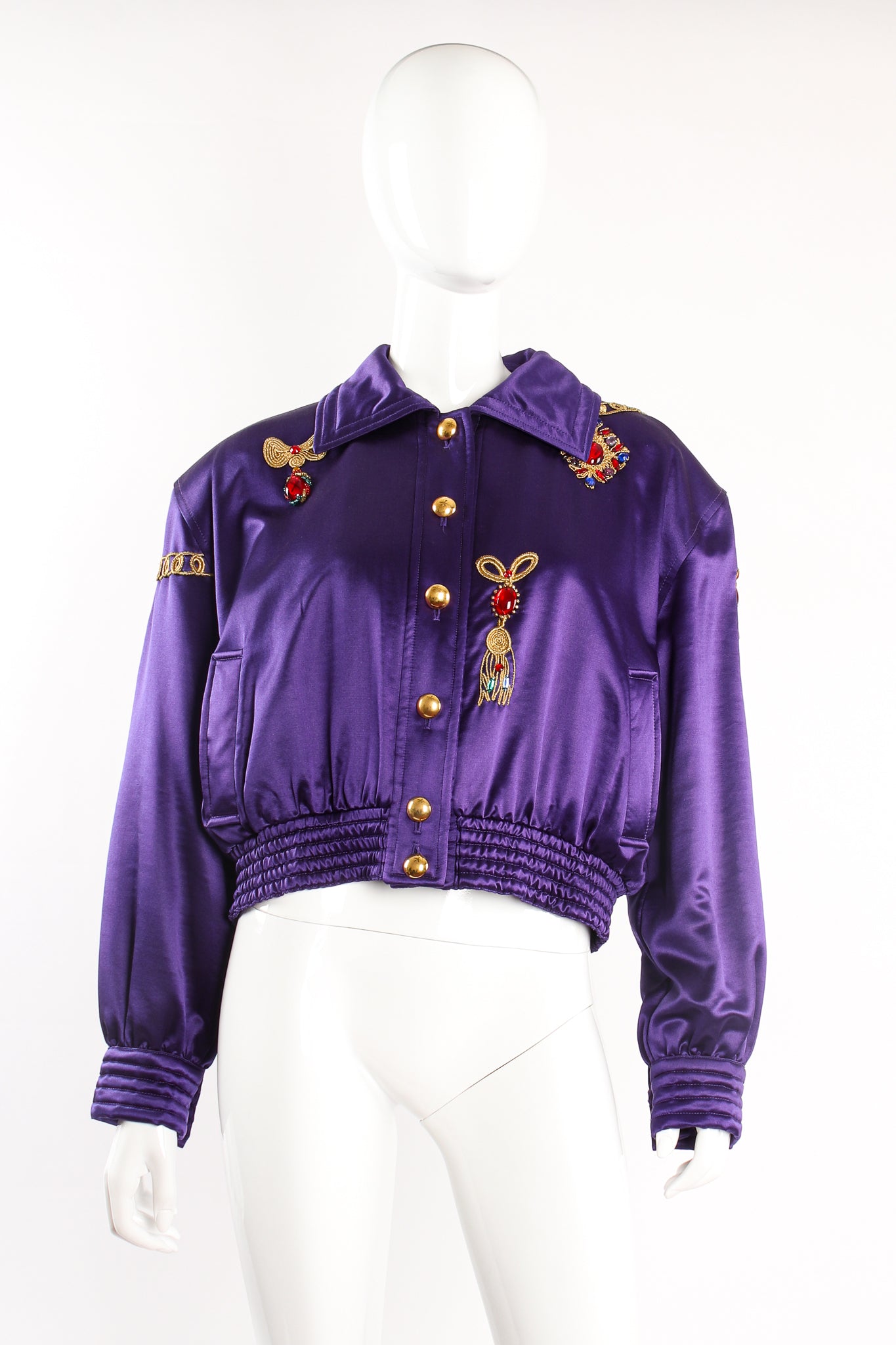Vintage Escada Satin Jeweled Brooch Bomber Jacket on mannequin front at Recess Los Angeles