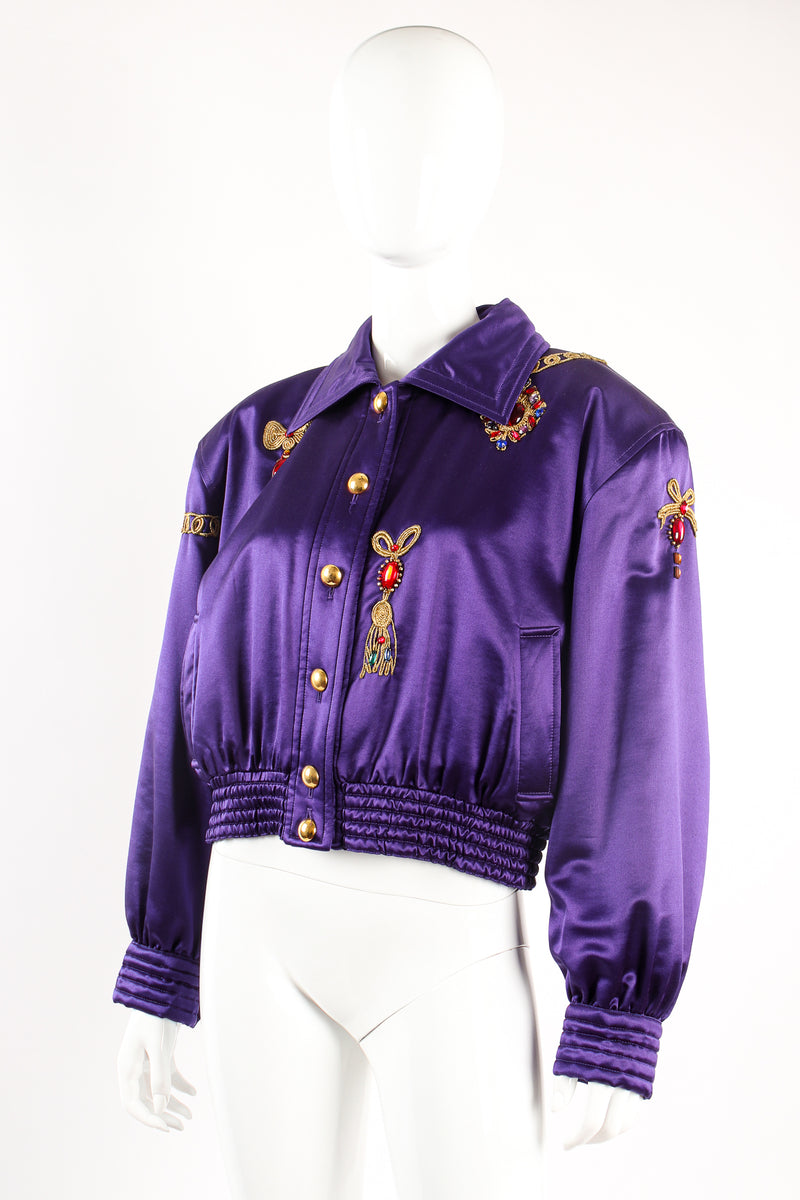 Vintage Escada Satin Jeweled Brooch Bomber Jacket on mannequin angle at Recess Los Angeles