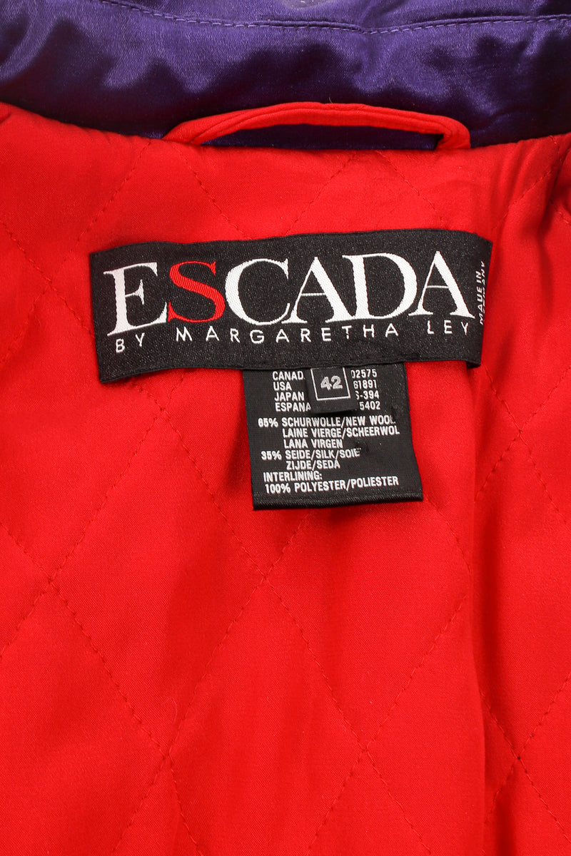 Vintage Escada Satin Jeweled Brooch Bomber Jacket label at Recess Los Angeles