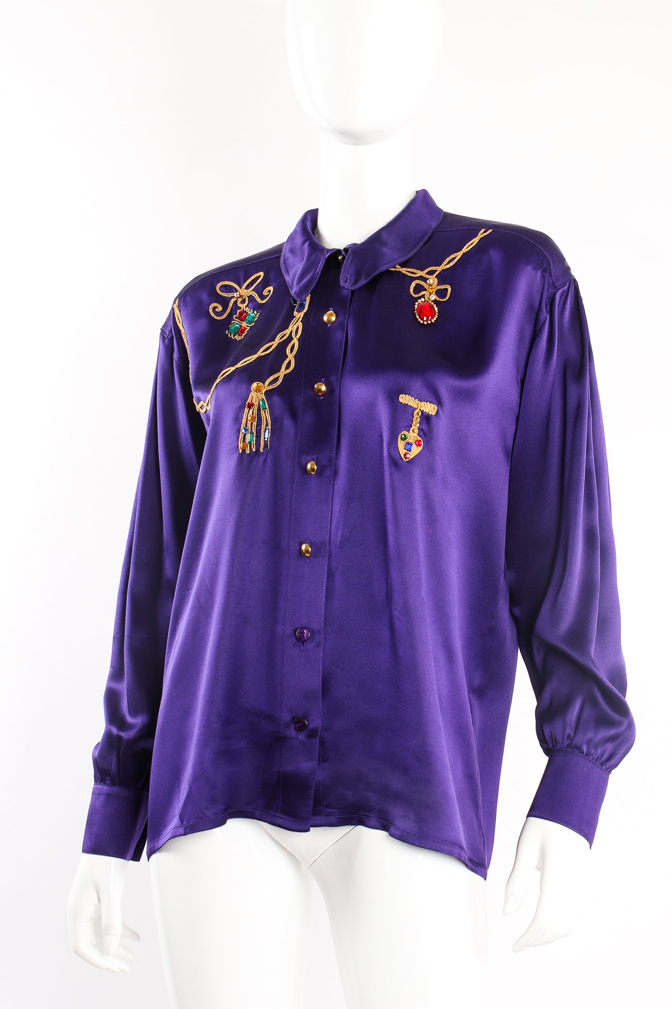 Vintage Escada Satin Jeweled Necklace Blouse on Mannequin angle collar at Recess Los Angeles