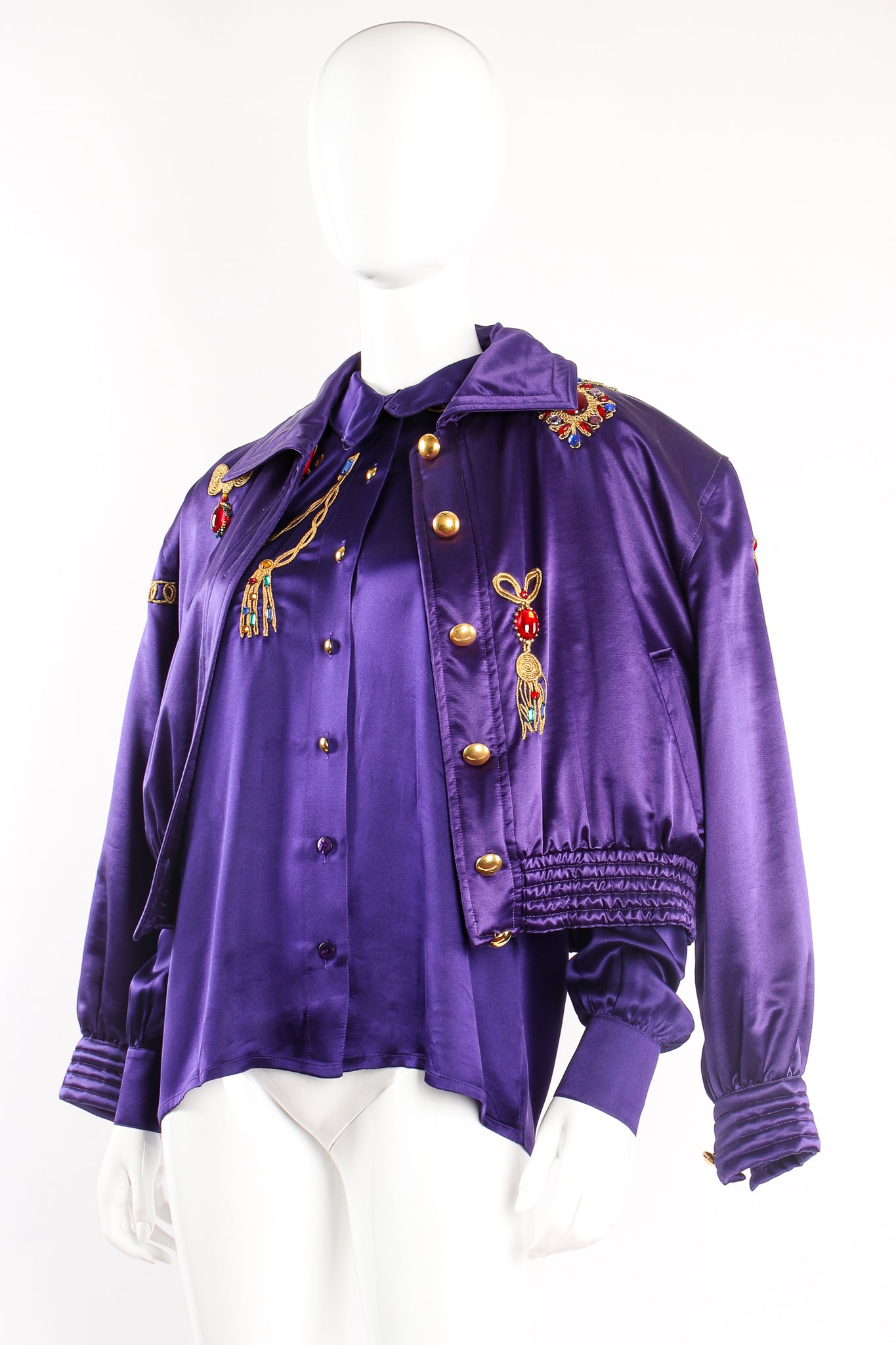 Vintage Escada Satin Jeweled Necklace Blouse on Mannequin with jacket at Recess Los Angeles