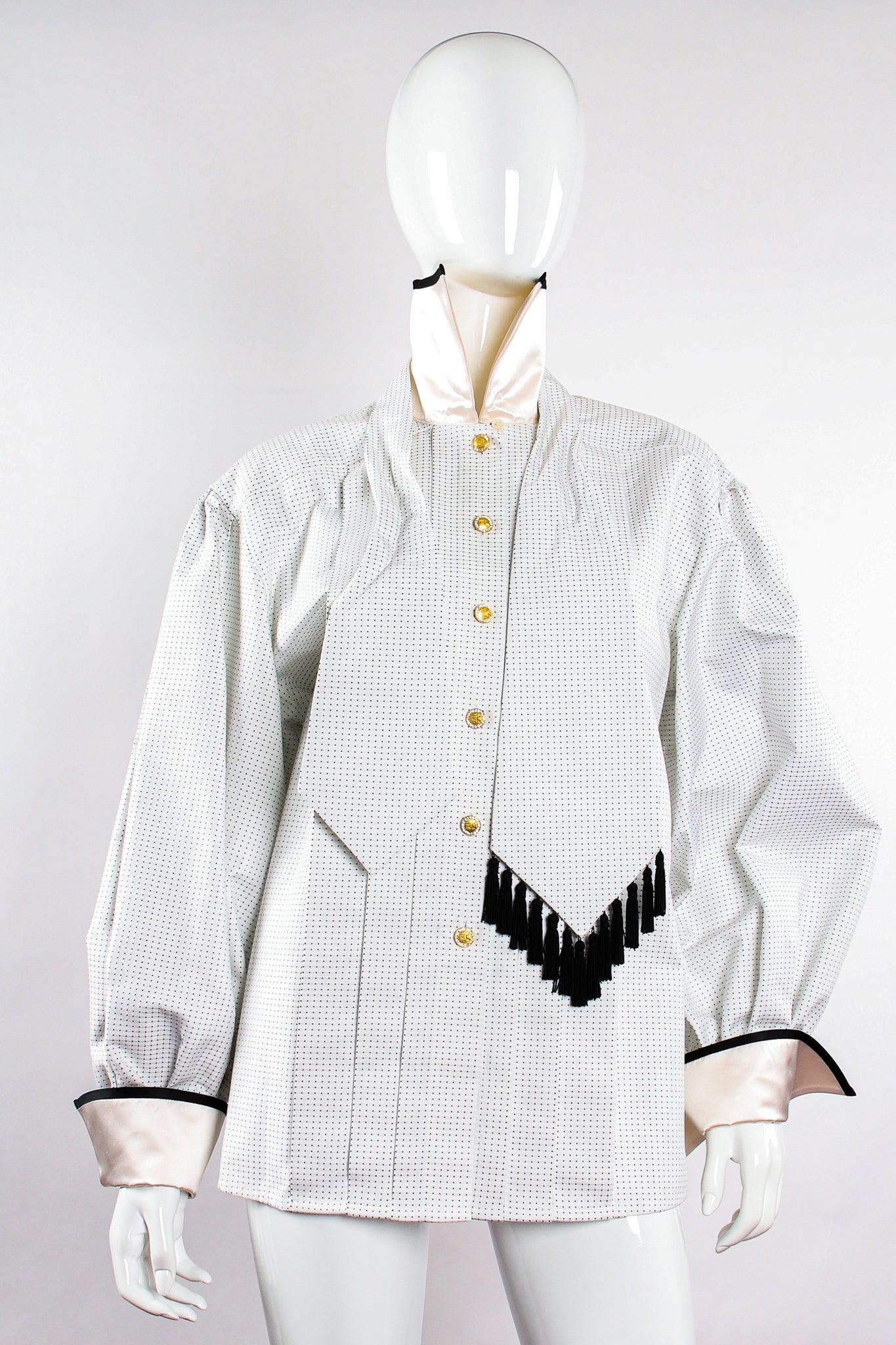 Vintage Escada Dobby Dot Tassel Tie Shirt on Mannequin untie at Recess Los Angeles