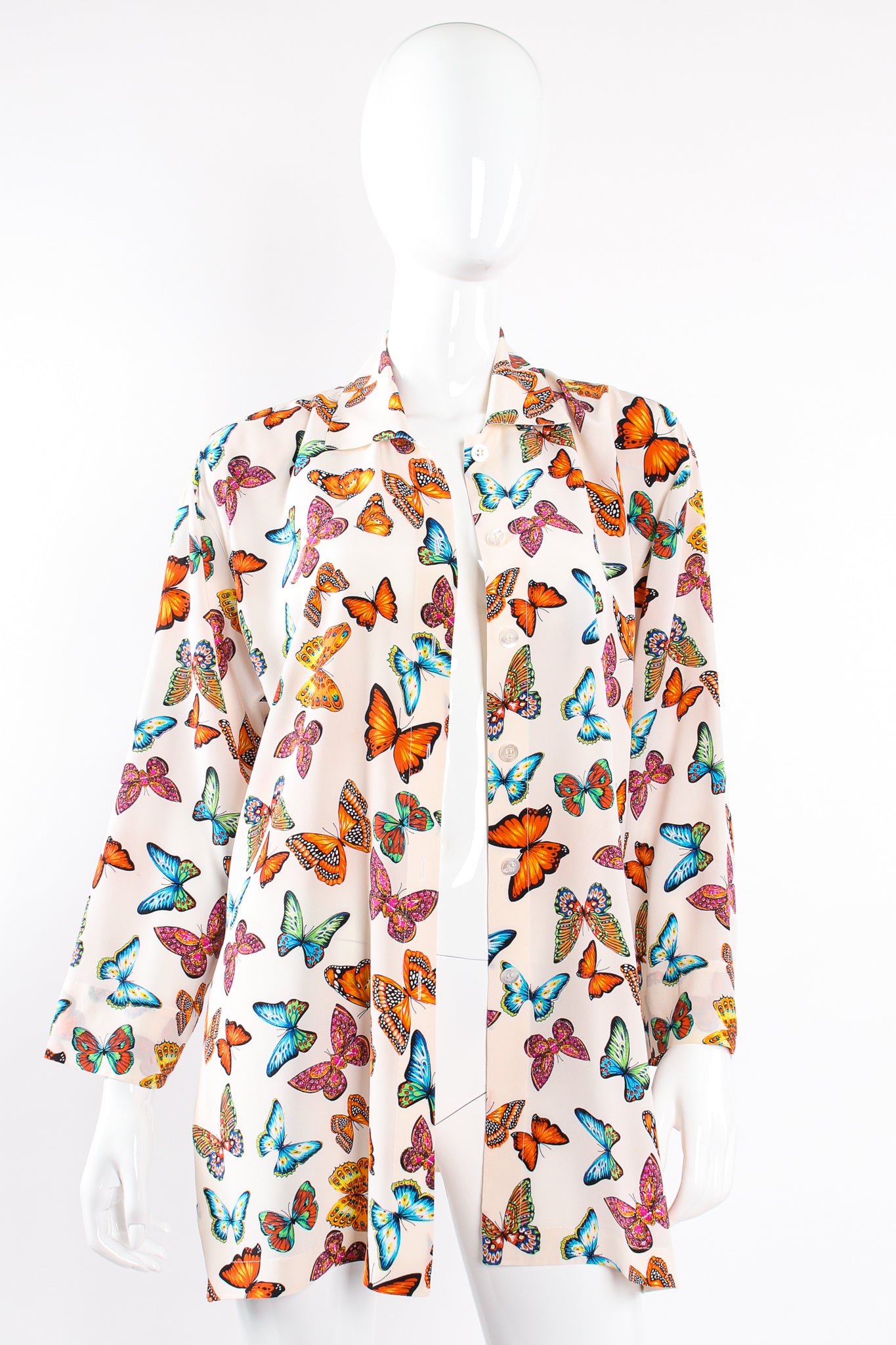 Vintage Escada Rainbow Butterfly Silk Tunic Blouse on Mannequin open at Recess Los Angeles