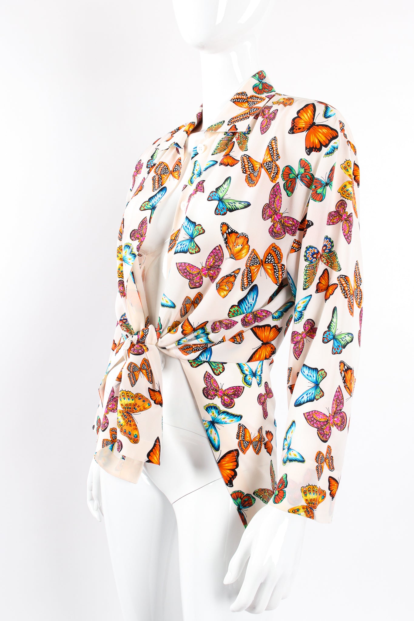 Vintage Escada Rainbow Butterfly Silk Tunic Blouse on Mannequin tie angle at Recess Los Angeles