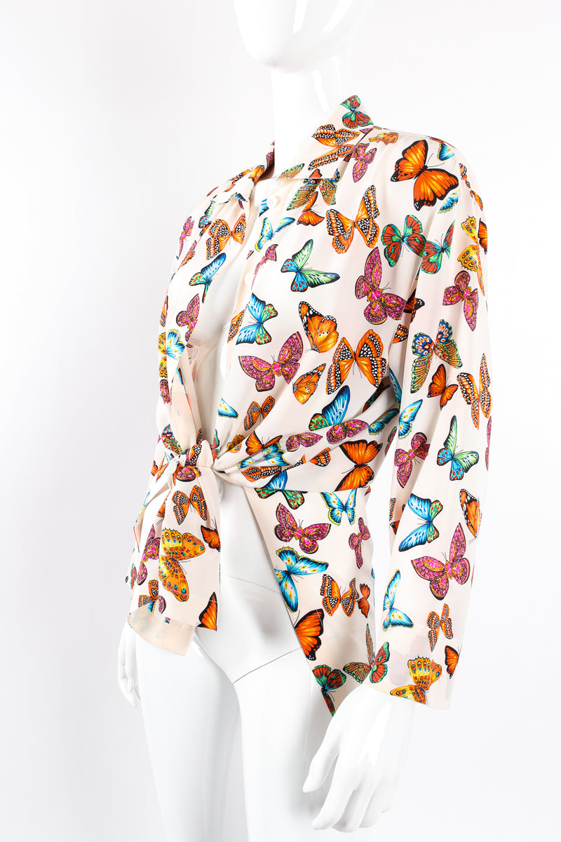 Vintage Escada Rainbow Butterfly Silk Tunic Blouse on Mannequin tie angle at Recess Los Angeles
