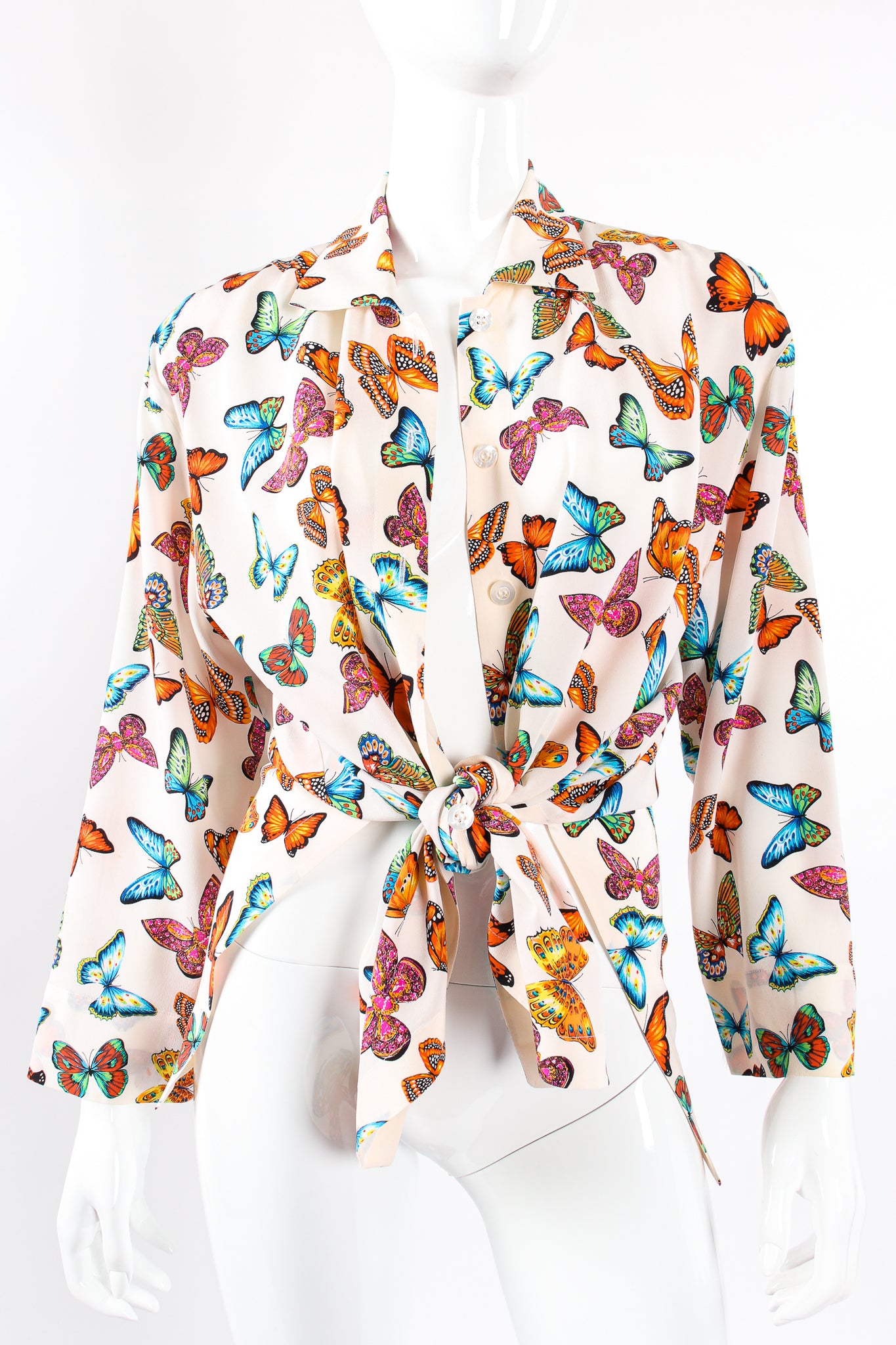 Vintage Escada Rainbow Butterfly Silk Tunic Blouse on Mannequin tie front at Recess Los Angeles