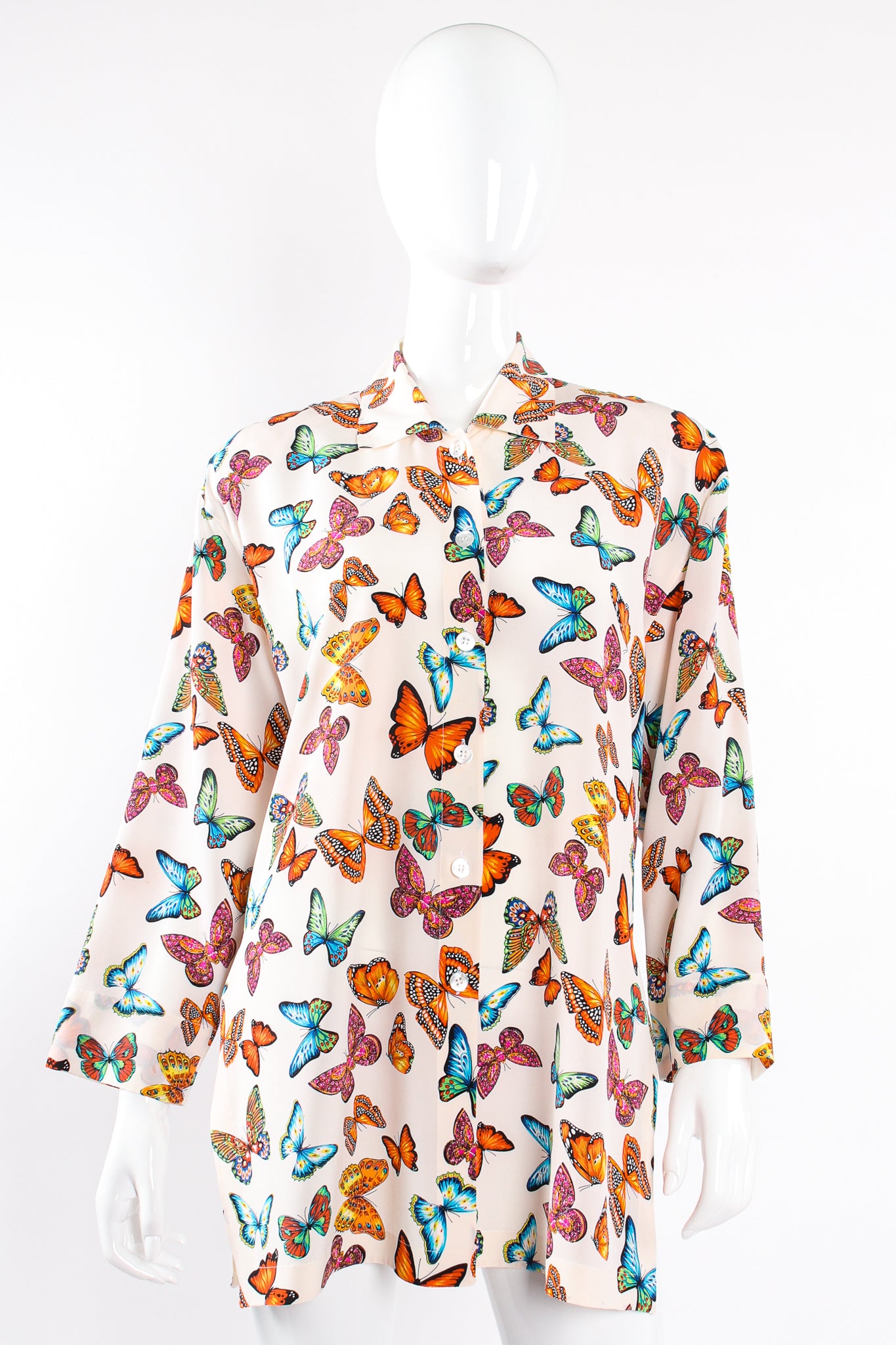 Vintage Escada Rainbow Butterfly Silk Tunic Blouse on Mannequin front at Recess Los Angeles