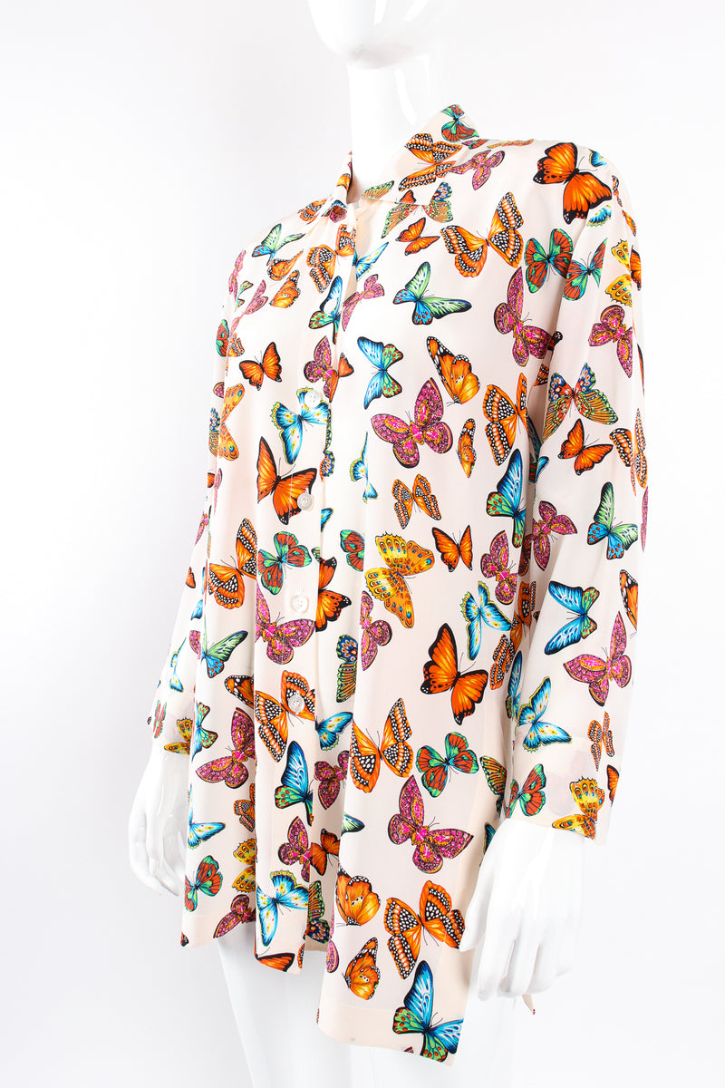 Vintage Escada Rainbow Butterfly Silk Tunic Blouse on Mannequin angle at Recess Los Angeles